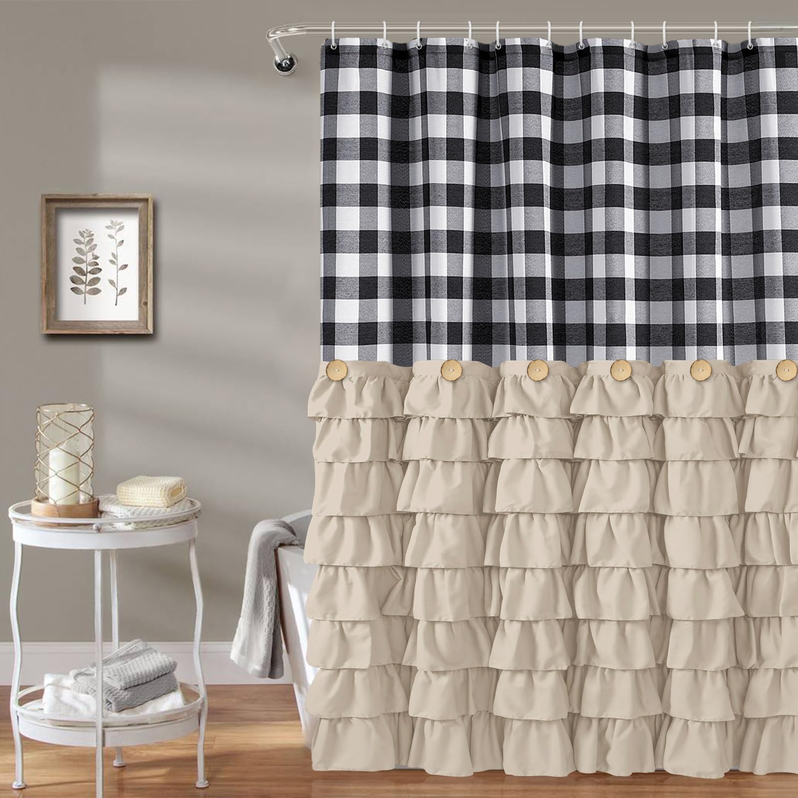 Seasonwood Beige Shower Curtain Buffalo Plaid Pattern Farmhouse Ruffled Shower Curtain with Vintage Buttons, Rustic Decorative Fabric Shower Curtains for Bathroom, 72" x 72", Beige