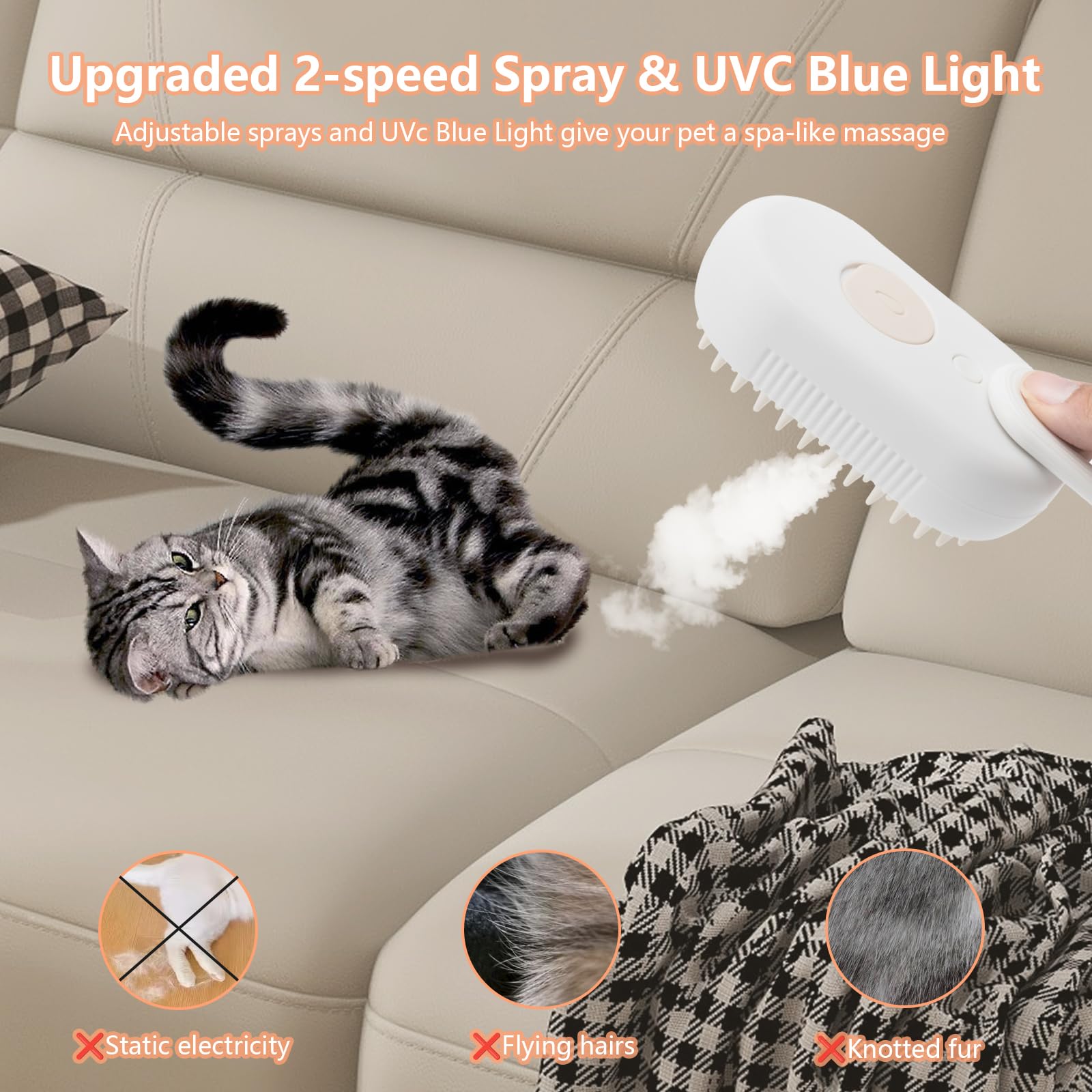 4 in 1 Cat Steam Brush for Shedding, 2025 Rechargeable Pet Steam Brush With 360 Rotating Arm, Massage, Cleaning, Shedding & Combing Multifunctional Hair Removal Comb for Cats Dogs (Beige)
