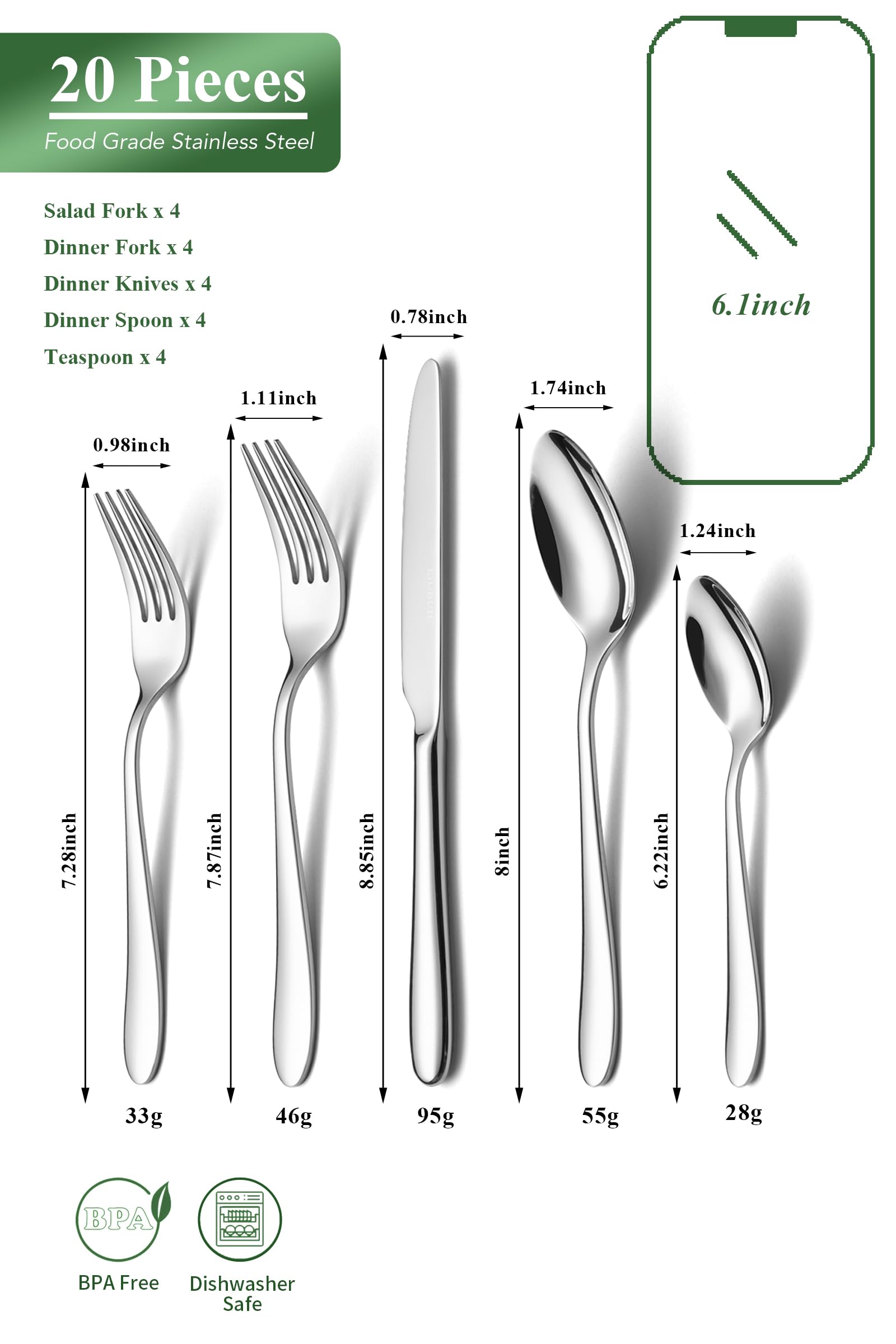 EIUBUIE 20 Piece Silverware Set, Stainless Steel Flatware Set for 4 Mirror Polished Kitchen Cutlery Sets Include Upgraded Heavy Forks and Spoons Knives, Dishwasher Safe