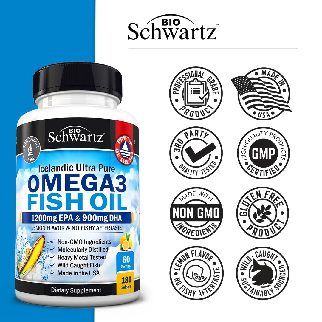 Omega 3 Fish Oil Supplement - 1200mg EPA and 900mg DHA Fatty Acid Per Serving from Wild Caught Fish - Supports Joint, Eyes, Brain & Skin Health - Burpless Lemon Flavor, Gluten-Free, 180 Softgels