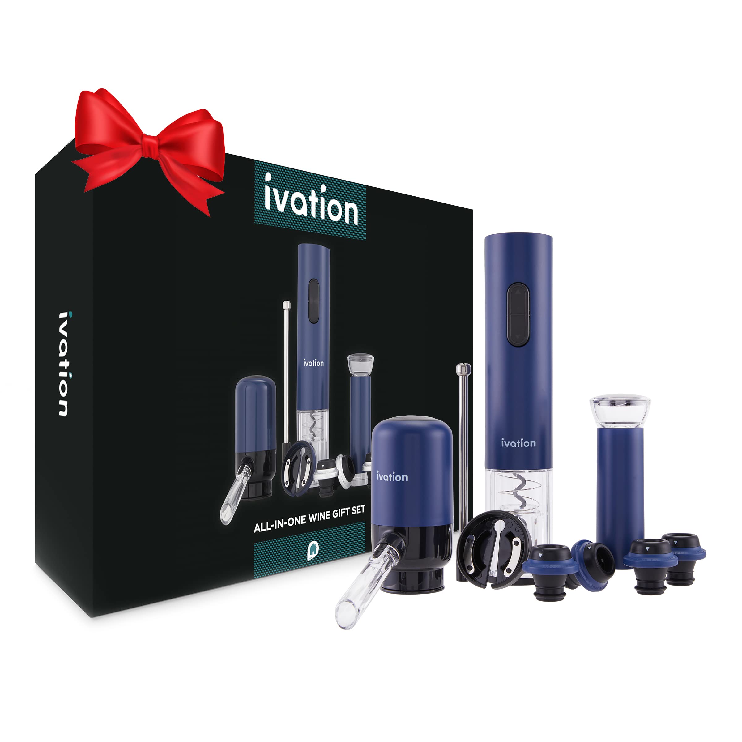 Ivation All-in-One Wine Gift Set – Includes Electric Bottle Opener, Aerator Dispenser, Preserver Pump, 2 Cork Stoppers, Foil Cutter & Gift Box