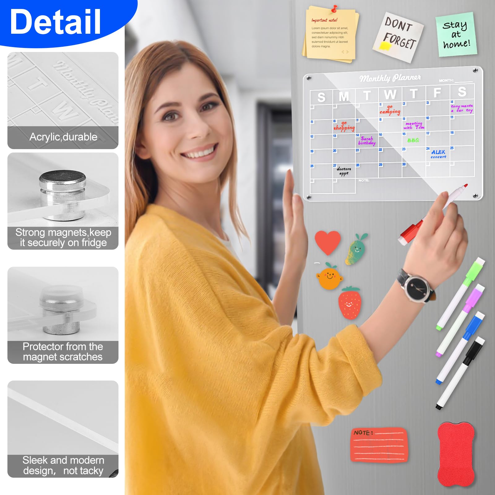 Acrylic Calendar for Fridge Clear Magnetic Calendar for Fridge 2PCS Easy to Read and Clean Reusable Planner Planning Board 6 Dry Erase Markers