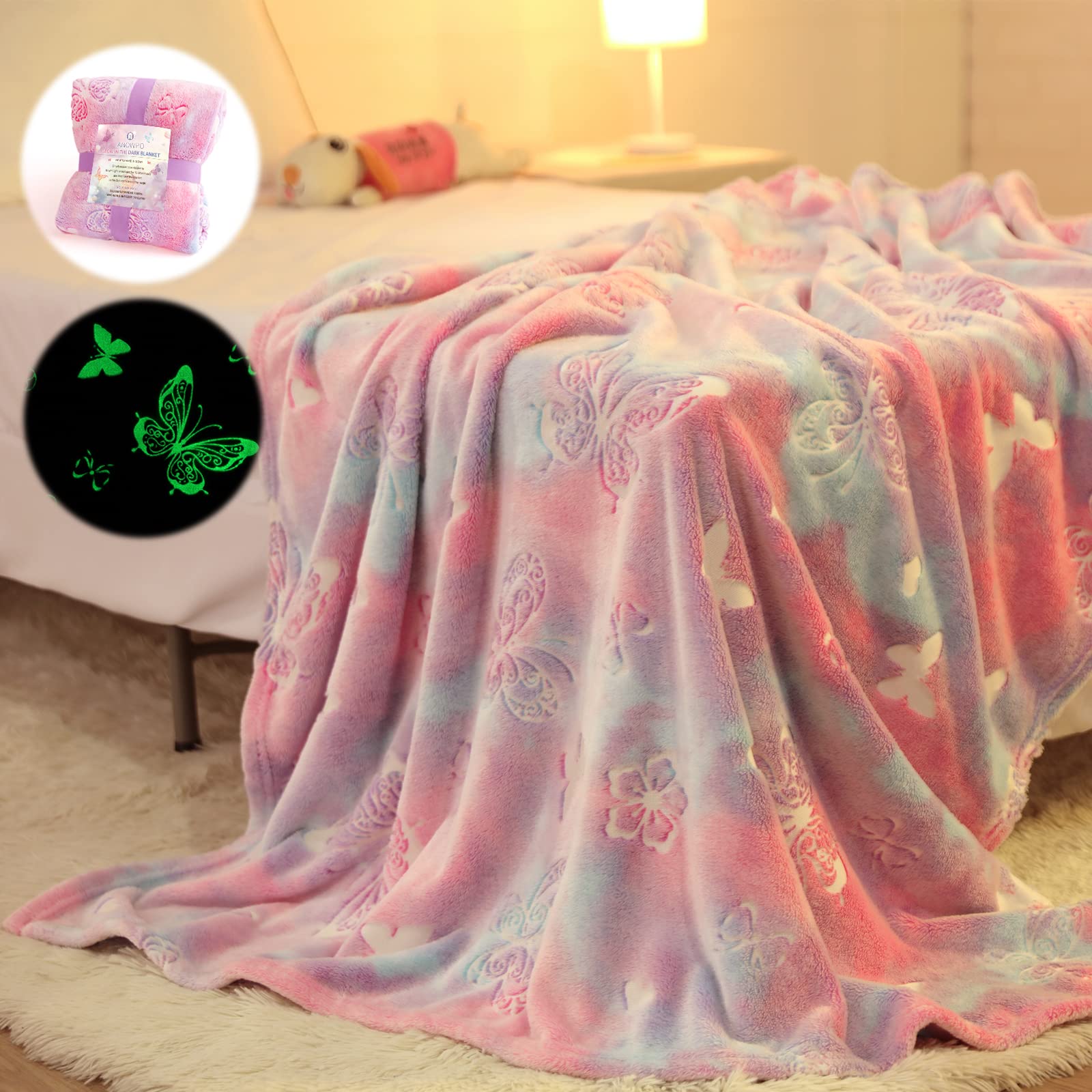 Anowpo Glow in The Dark Blanket Butterfly Gifts for Girls,Soft Blanket 3 4 5 6 7 8 9 10 Year Old Girl Gifts, Toddler Girls Toys Age 6-8,Mothers Day Birthday Gifts Christmas, 50"x60"