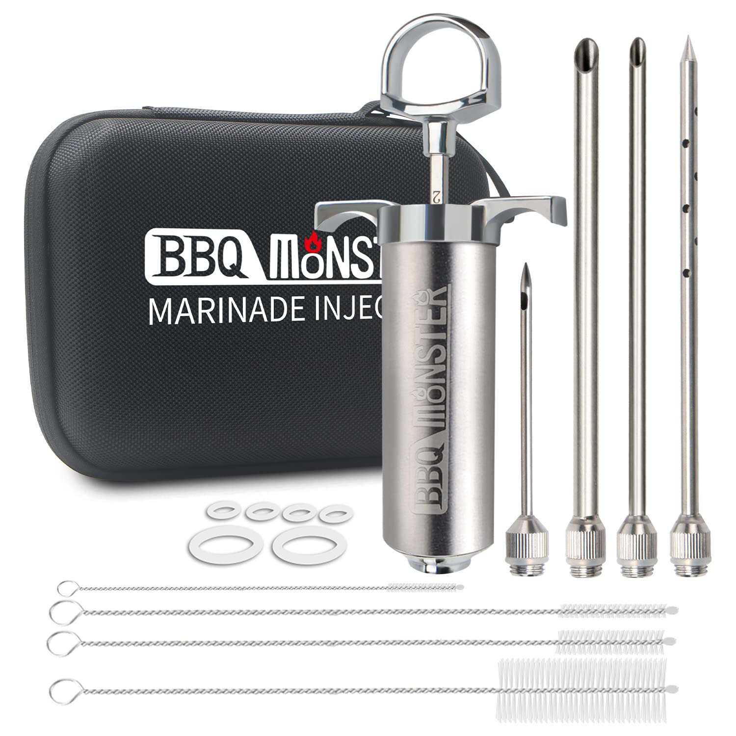 BBQ Monster Meat Injector Syringe Kit with 4 Professional Marinade Injector Needles and Travel Case for BBQ Grill Smoker, Turkey, Brisket; 2-oz Capacity; Paper User Manual and E-Book (PDF)