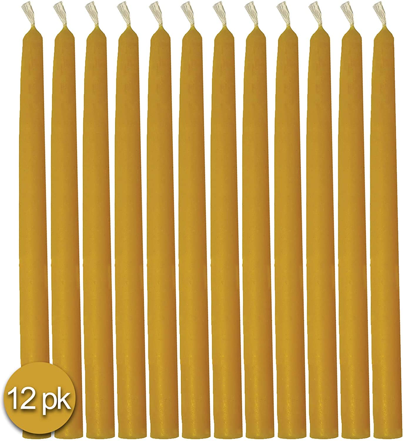 Hyoola 9 Inch Beeswax Taper Candles 12 Pack – Handmade, All Natural, 100% Pure Unscented Bee Wax Candle - Tall, Decorative, Golden Yellow – 5 Hour Burn Time