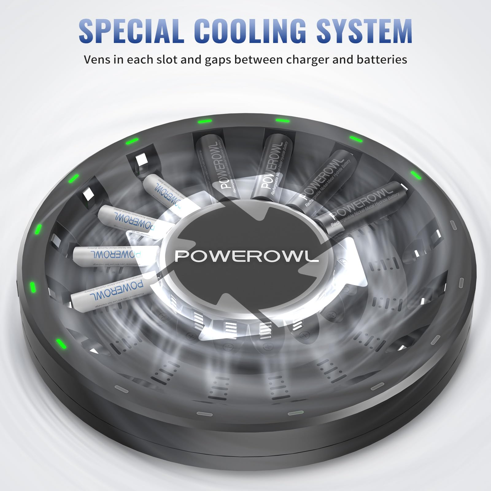 POWEROWL 16 Bay AA AAA Battery Charger (Updated, High Speed Charging) with Smart LED Light and Plug, for NIMH NICD Rechargeable Batteries and More