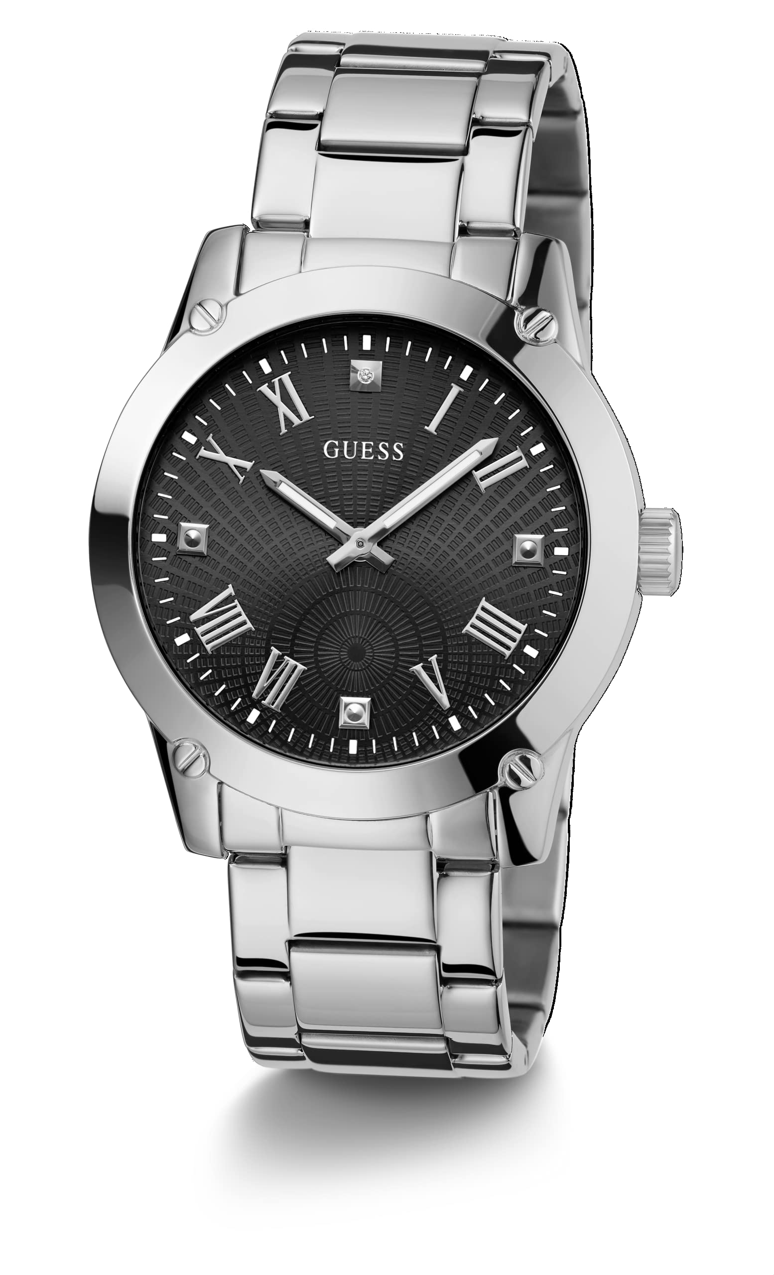 GUESS Men's 44mm Watch - Silver Tone Strap Black Dial Silver Tone Case