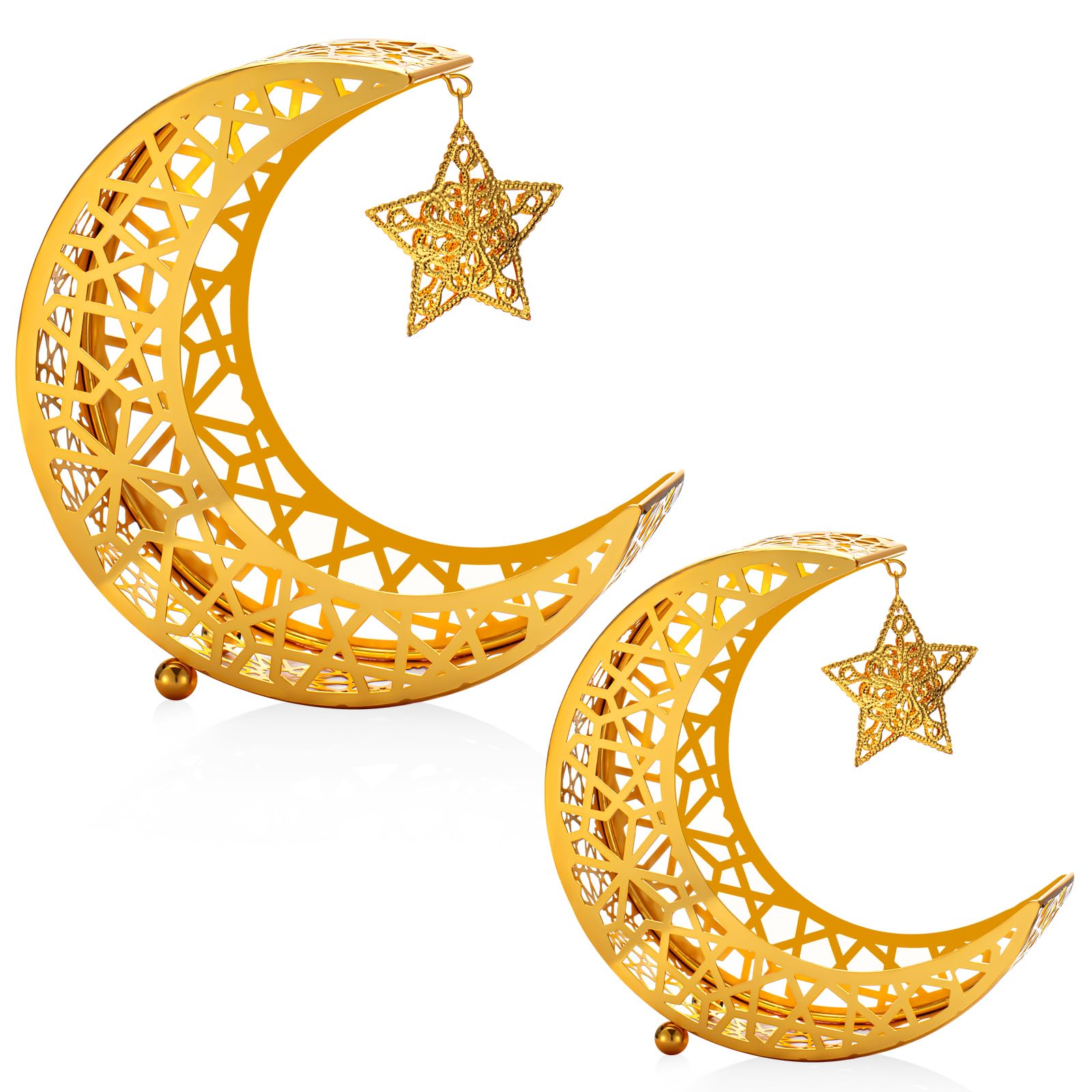 Qinyoung Ramadan Moon Star Tray, 2 Pcs Gold Metal Serving Tray, Eid Mubarak Dessert Trays, Islamic Themed Home Decoration, 2 Sizes, Sturdy, Suitable for Special Occasions