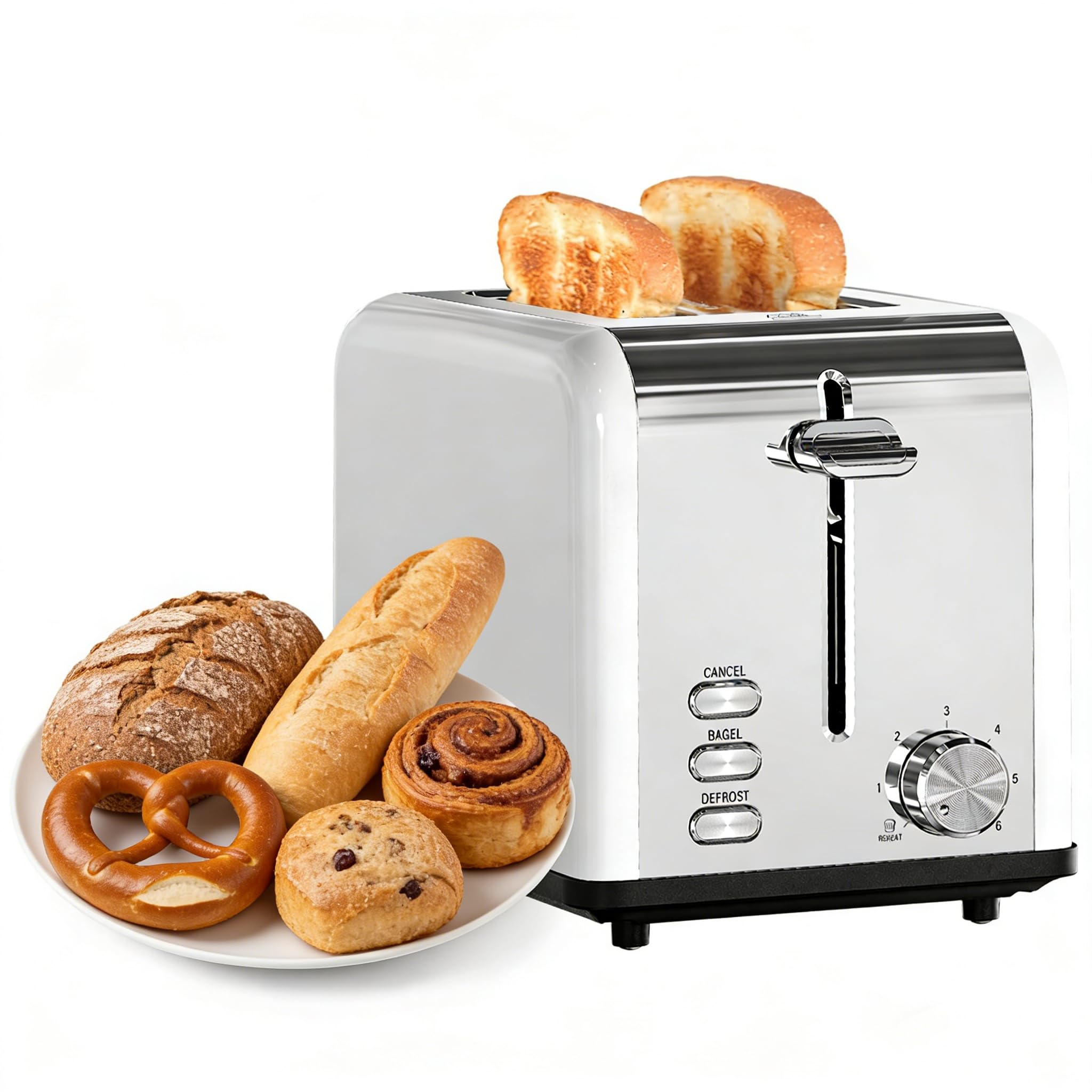 Simple Deluxe 2-Slice Toaster, Stainless Steel Construction with 6 Browning Levels & 3 Cooking Functions, Extra Wide Slots & Removable Crumb Tray for Easy Cleaning, White