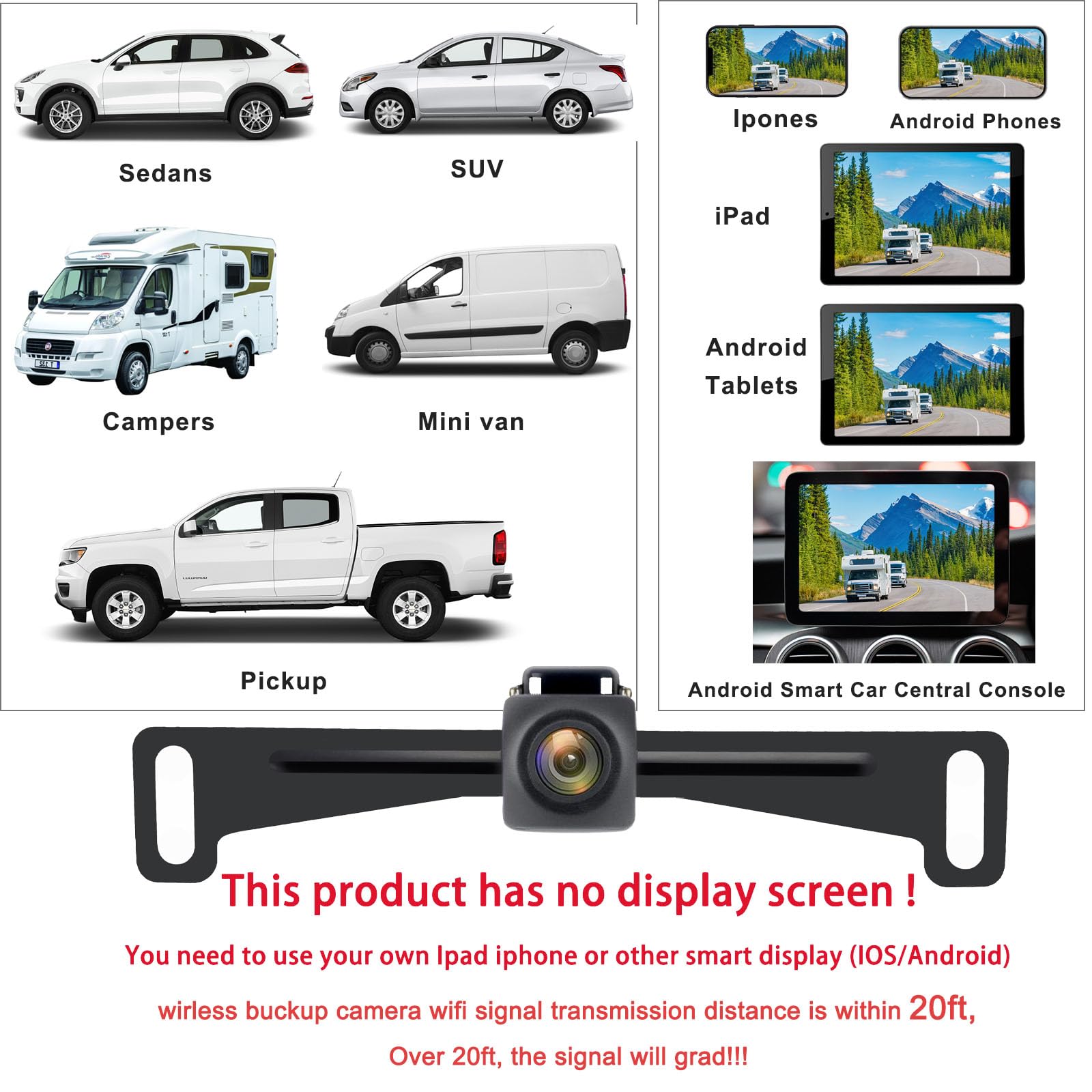YEOIZO WiFi License Plate Wireless Backup Camera, 720P HD Back up Camera Systems for car, Front/Rear View Reverse Camera, 160° View Angle for Cars SUV Pickup Trailer RV Camper for iPhone iPad Android