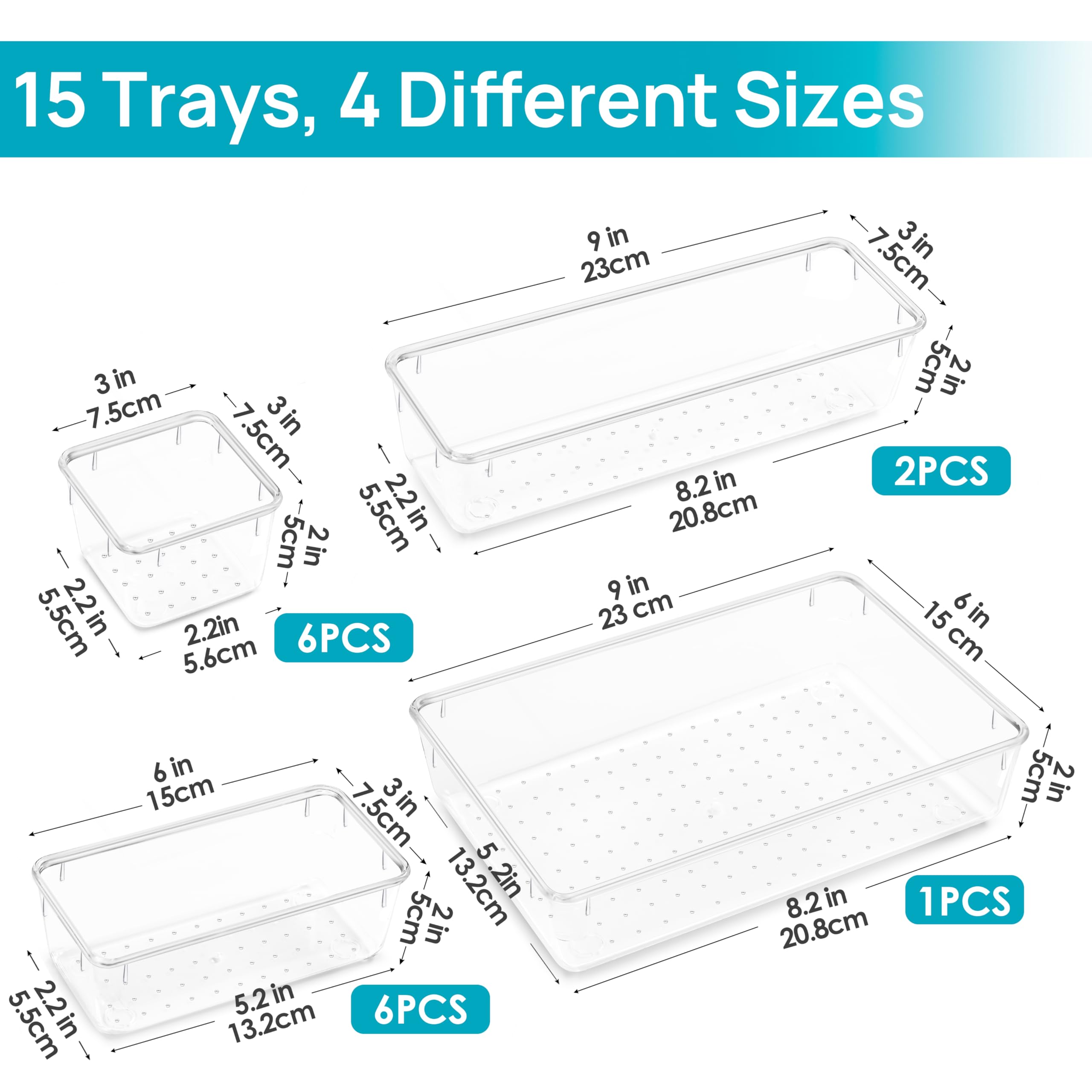 Vtopmart 15 PCS Clear Plastic Drawer Organizers Set, 4-Size Versatile Bathroom and Vanity Drawer Organizer Trays, Storage Bins for Makeup, Bedroom, Kitchen Gadgets Utensils and Office