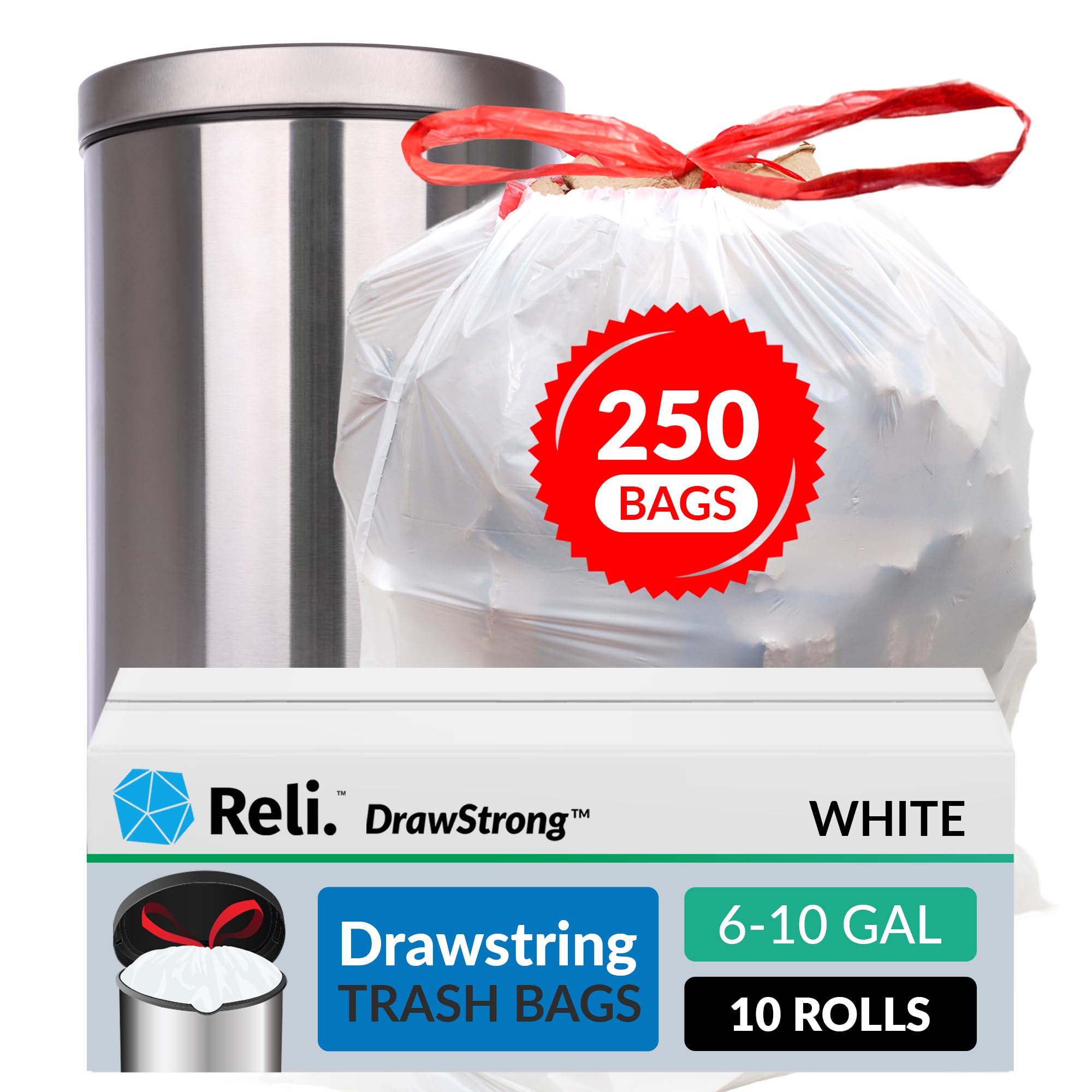 Reli. 8-10 Gallon Trash Bags Drawstring | 250 Count | 22"x23" | 6, 8, 10 Gallon Drawstring Garbage Bags | White Trash Can Liners | Small - Medium
