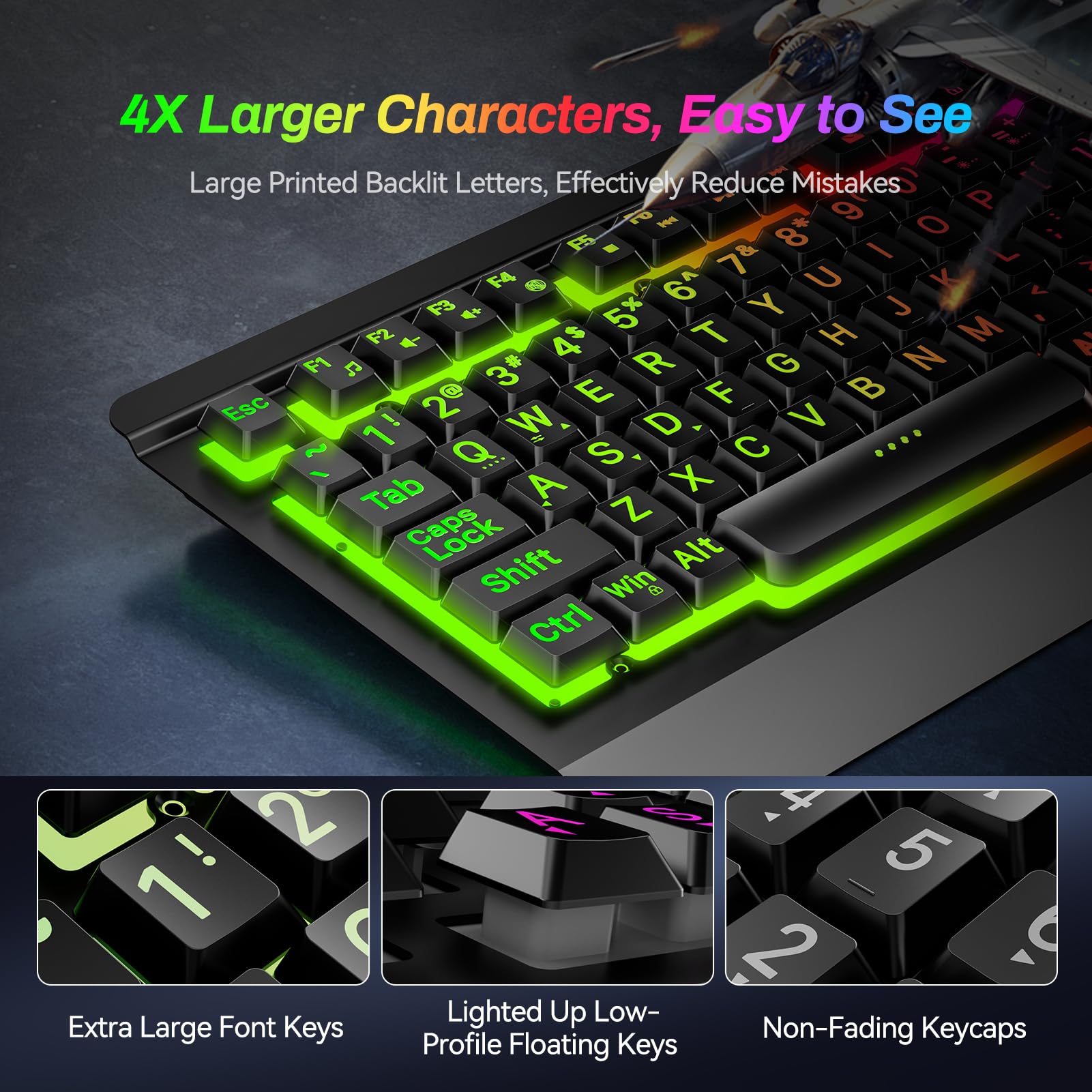 Gaming Keyboard with Large Print Keys, 7-Color Rainbow LED Backlit, Quiet Light Up Computer Keyboard with All-Metal Panel, Wrist Rest, Anti-Ghosting Multimedia Keys, USB Wired Keyboard for PC Mac Xbox