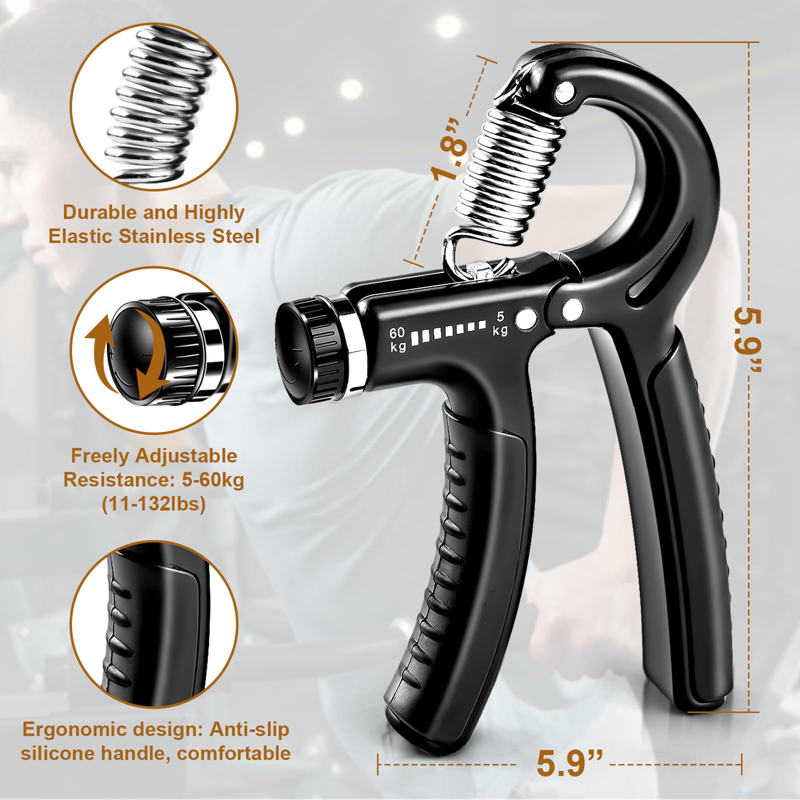 BLEUM CADE Grip Strength Trainer, 5 Pack Hand Strengthening Devices Kit with Adjustable Resistance Levels, Forearm Strengthener for Home Gym, Physical Therapy, Home Workout, Black