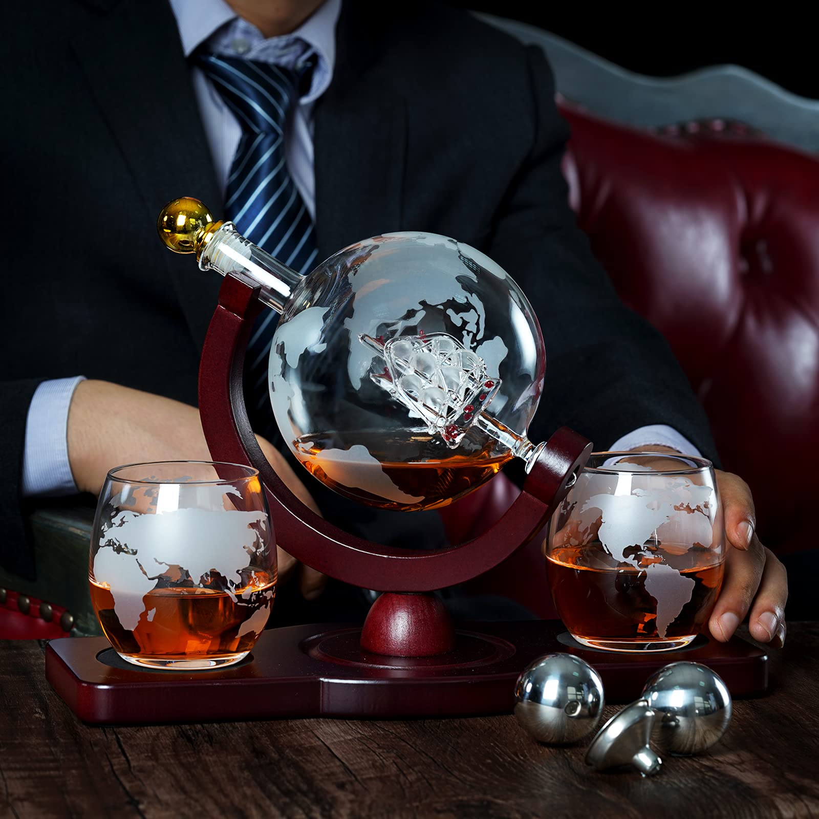 Gifts for Men Dad Christmas, PONPUR Whiskey Decanter Globe Set with 2 Ball Stones & 2 Glasses, Anniversary Birthday Gifts for Him Husband Boyfriend Brother, Cool Stuff Gift for Bourbon Scotch