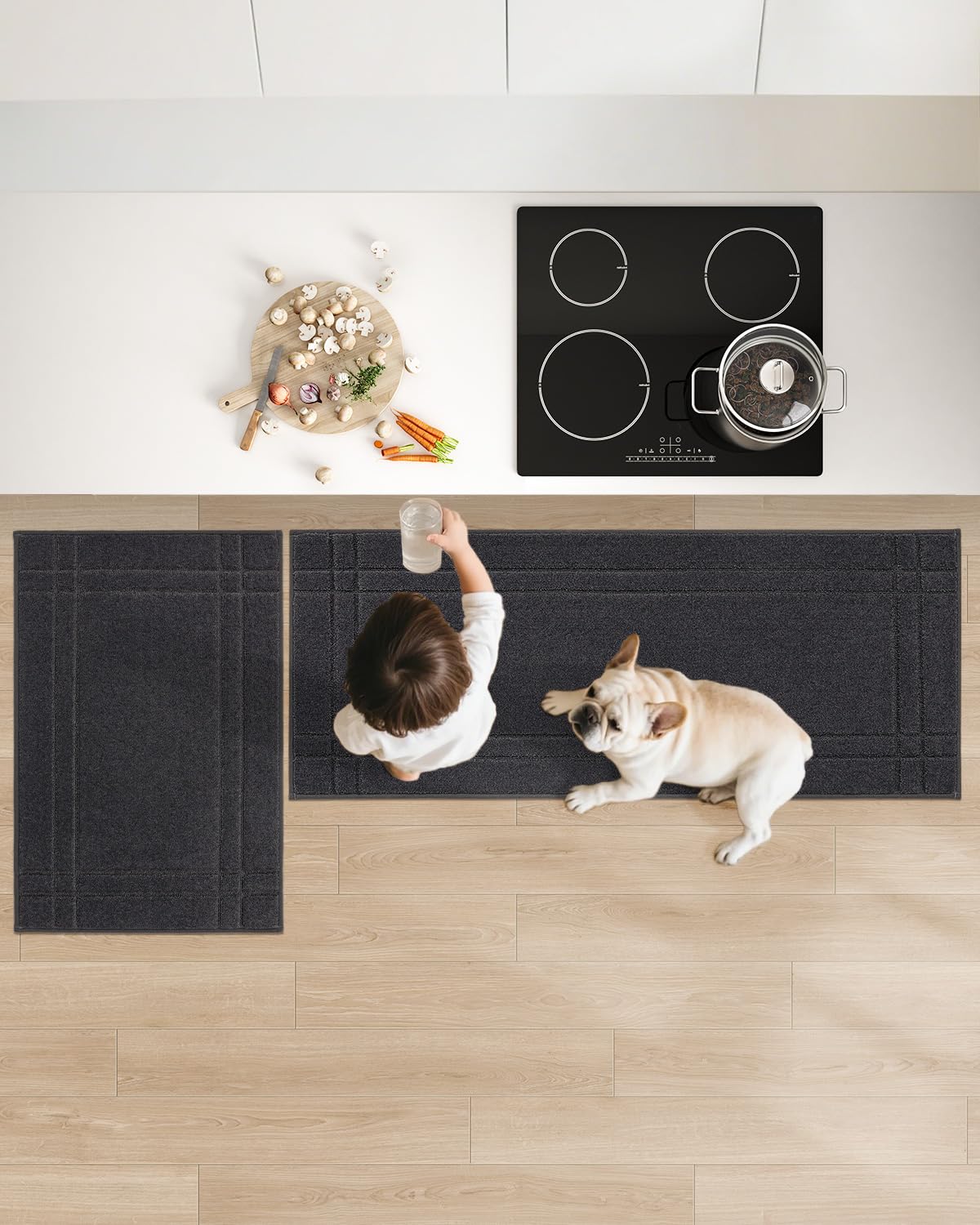 JSEI Kitchen Mats for Floor, Non-Slip Kitchen Rugs, Soft Washable Absorbent Kitchen Mats 2 PCS, Kitchen Runner Rug with TPR Backing, Polyester, 24"x36"+24"x60", Dark Grey