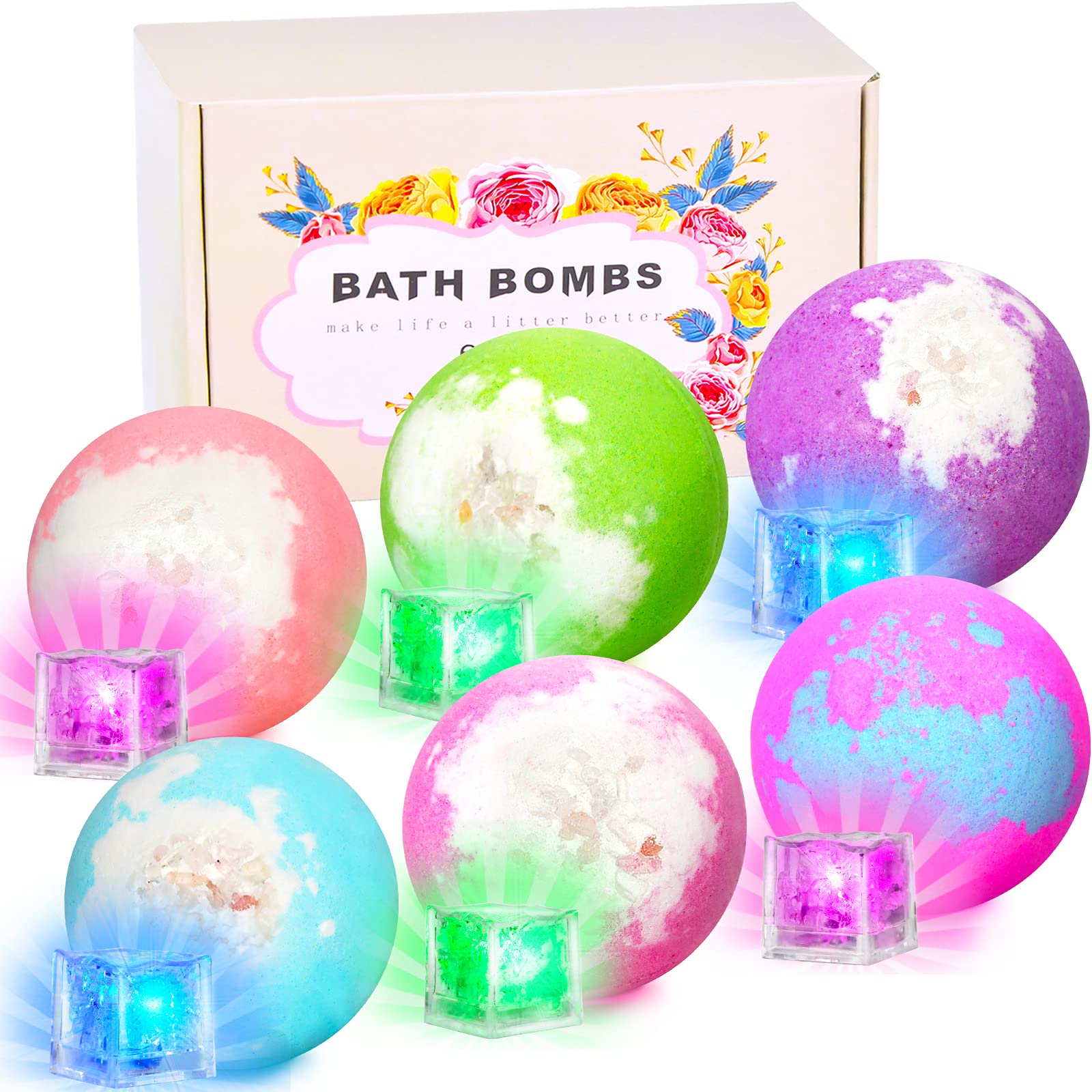 Light Up Bath Bombs with Surprise Inside, 4.23 oz Natural Bath Bombs Gift Set 6 with Essential Oils, Magnesium Large Bath Bombs for Women Relaxing Spa Bath Skin Moisturize Gifts for Women