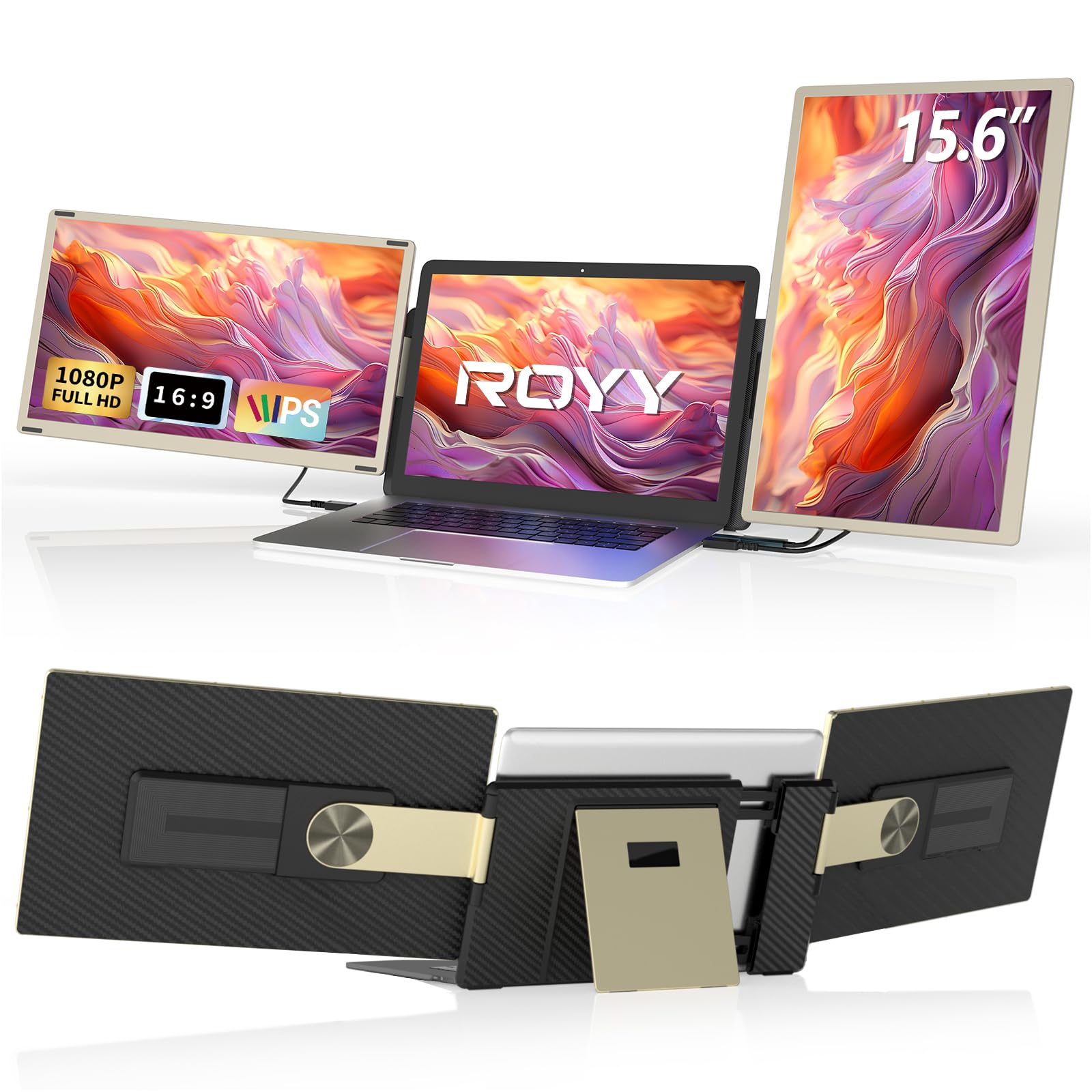 ROYY Laptop Screen Extender Triple Monitor - 15.6" Portable Monitor 85% NTSC FHD 1080P IPS 235° Rotation Detachable Screen Design Extra Screen Compatible with Mac Wins Dex Chrome Fits 13"-17" Laptops