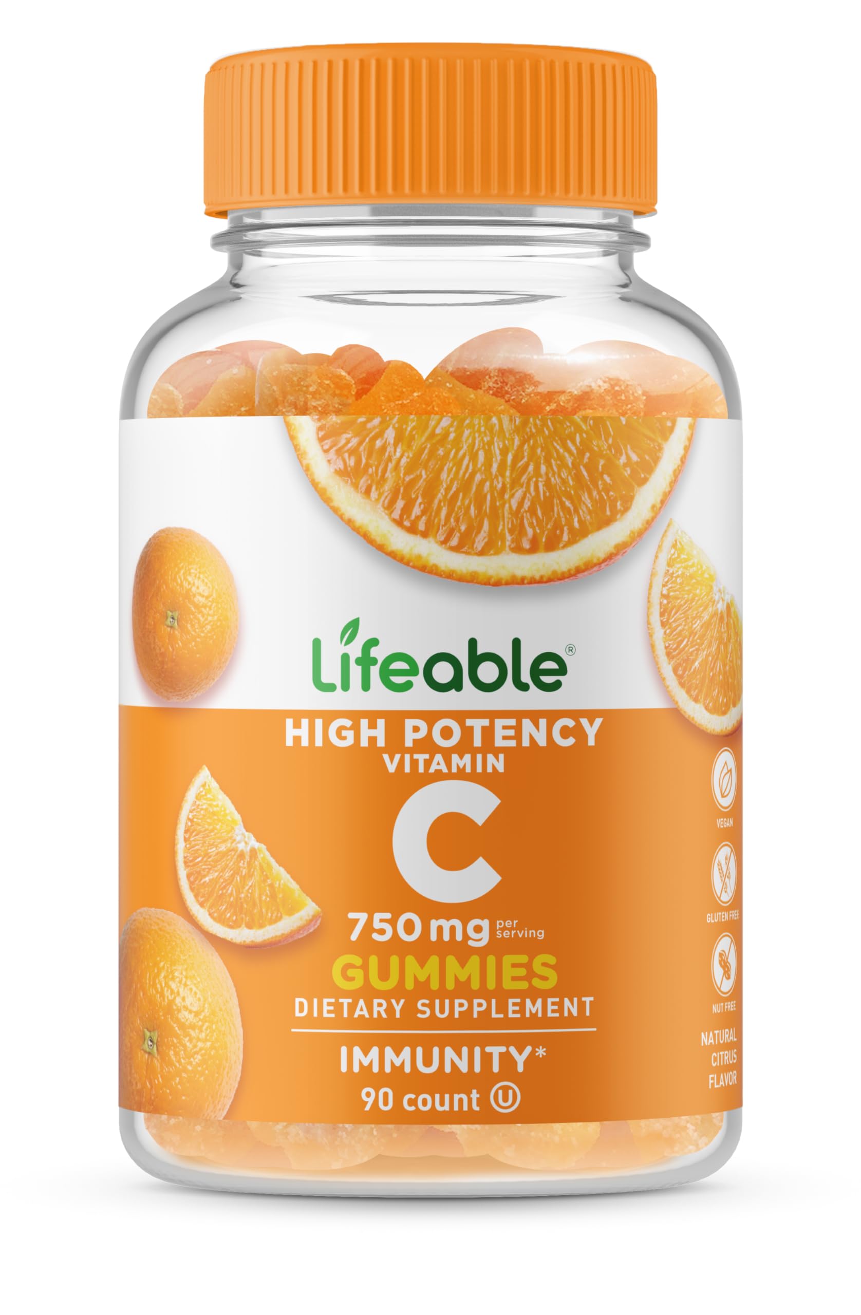 Lifeable Vitamin C - Great Tasting Natural Flavor Gummy Supplement - Vegetarian GMO-Free Chewable Vitamins - for Immune Support - 90 Gummies (750 mg)