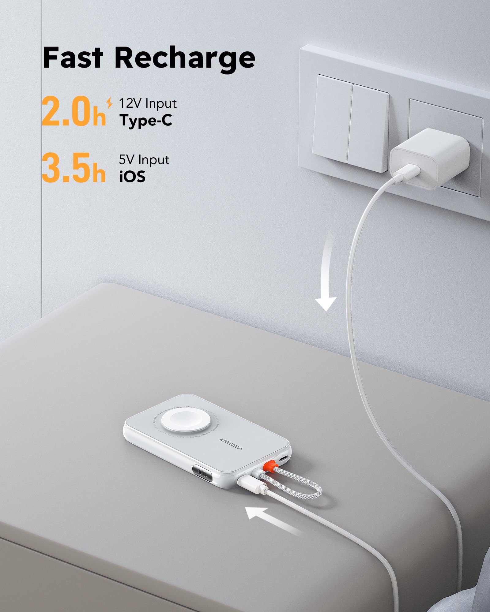 VEGER Portable Charger for iPhone with Built in Cable, 5000mAh Mini Power Bank Battery Pack, PD 20W Fast Charger Travel Essential Compatible with iPhone14/13/12/Pro Max, Andorid, Apple Watch-White