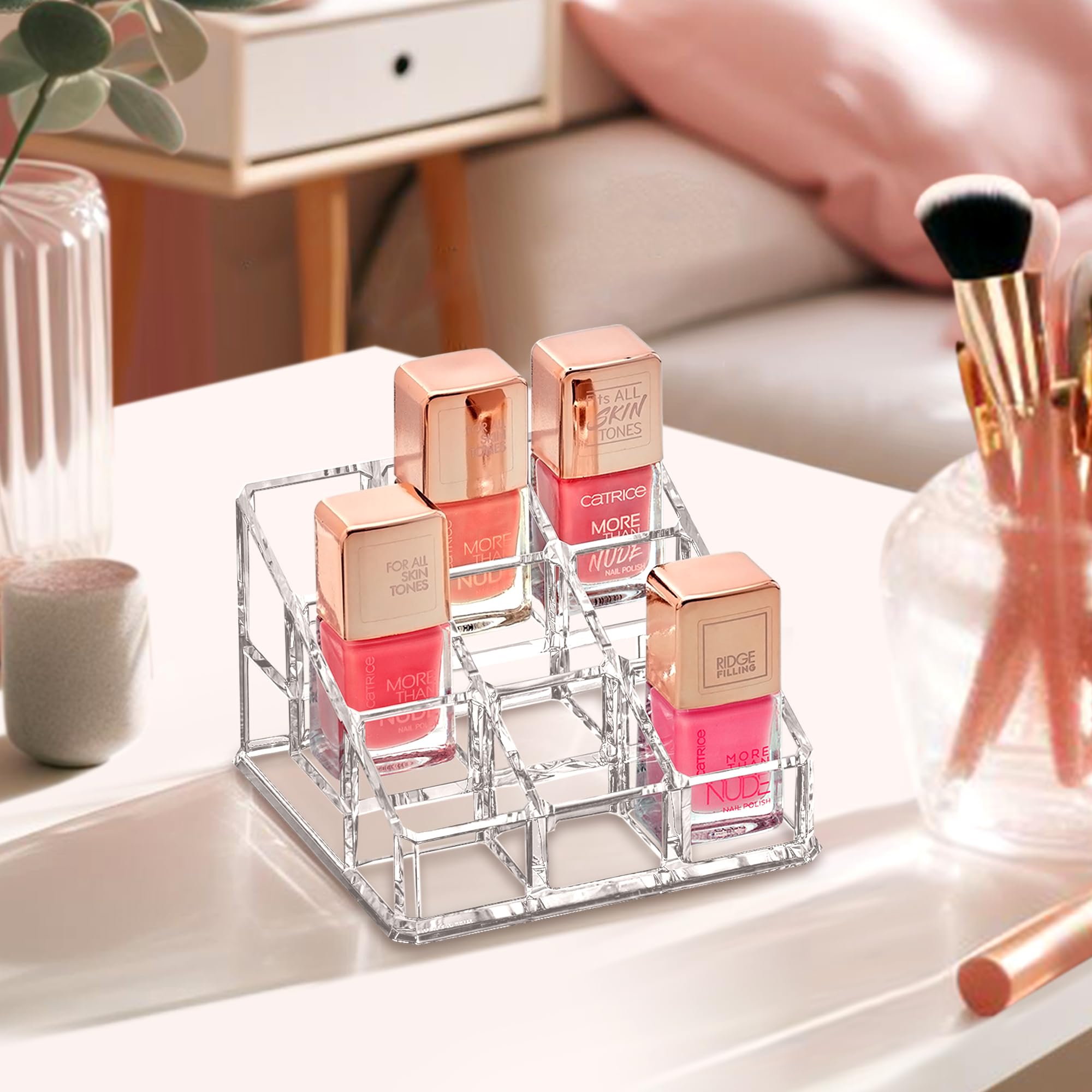 Amazing Abby - Glamour - 2-Pack 9-Slot Acrylic Nail Polish Organizer, Lipstick Holder, Lip Gloss Organizer, Cosmetic Storage Display, Perfect Storage Solution for Drawer, Vanity, Bathroom, and More