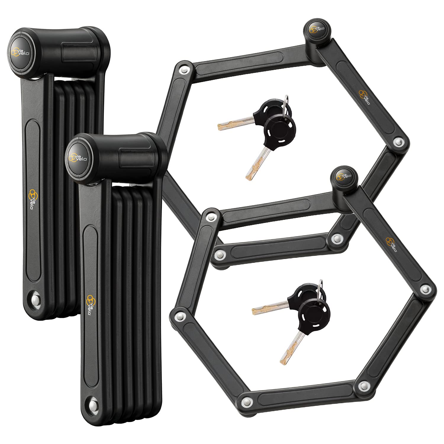 Via Velo 2 Folding Bike Lock Set | Same Key System 4 Keyed Alike Keys, Heavy Duty Hard Steel, Lightweight, Bike Lock for Electric Bike, Electric Scooter, Dirt Bike for Adults with Mounting Case