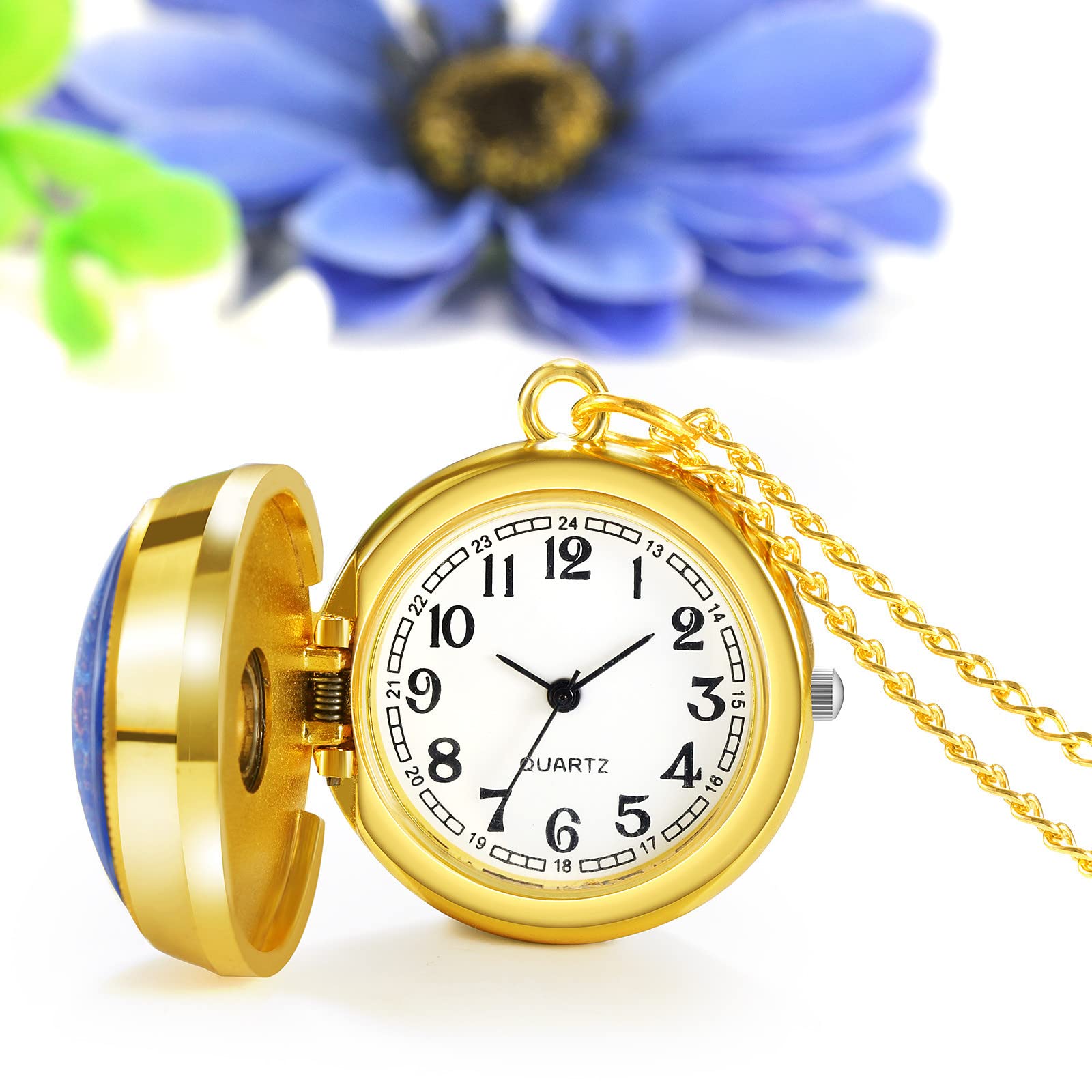 JewelryWe Vintage Pocket Watch for Women Classic Gold Plated Round Analog Quartz Watch Clock Pendant Necklace Watch with Chain