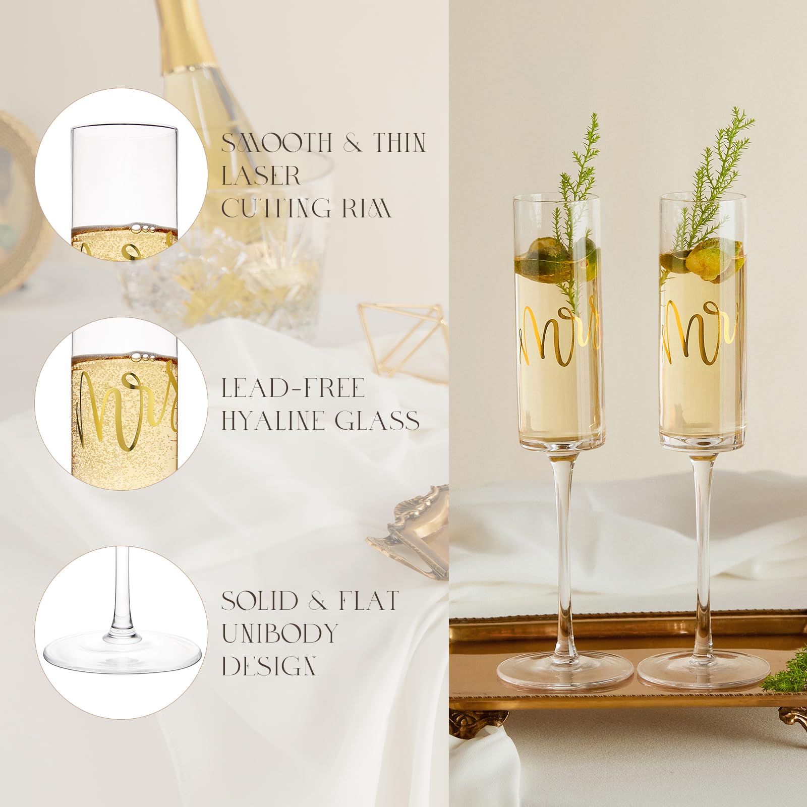 AW BRIDAL Engagement Gifts for Couples Wedding Champagne Flutes set of 2, Crystal Champagne Flutes for Mr and Mrs Wedding Champagne Glasses Wedding Gift Bridal Shower Gift