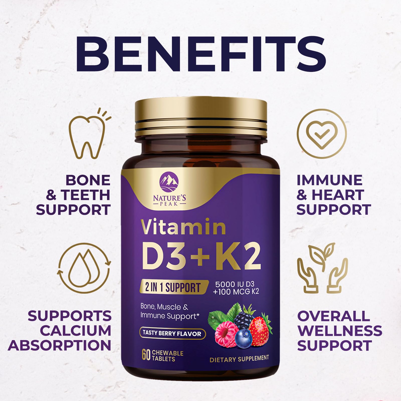Vitamin D3 K2 - 5000 iu Vitamin D3 & 100 mcg Vitamin K2 (MK-7) Complex for Immune Support - Bone, Teeth & Muscle Health Support - Berry Chewable, Gluten Free, Non-GMO, Bottled in USA - 60 Tablets