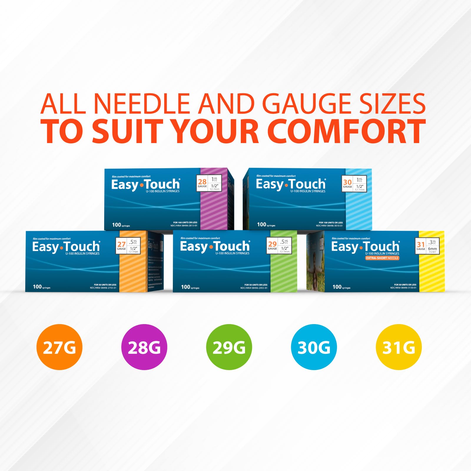 EasyTouch U-100 Insulin Syringe with Needle, 31G 1cc 5/16-Inch (8mm), Box of 100