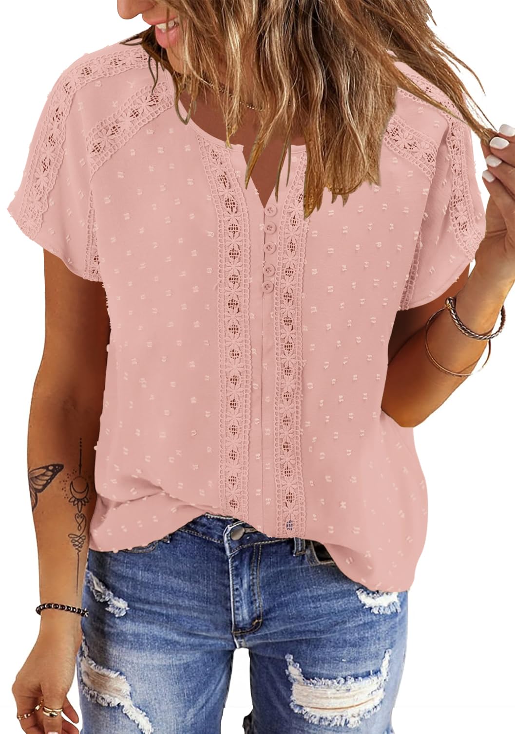 BETTE BOUTIK Women Shirts Summer Short Sleeve Boho Tunic Tops Fashion Casual Dressy Flowy Loose Blouses Lace V Neck Work Basic Shirt Light Pink Medium