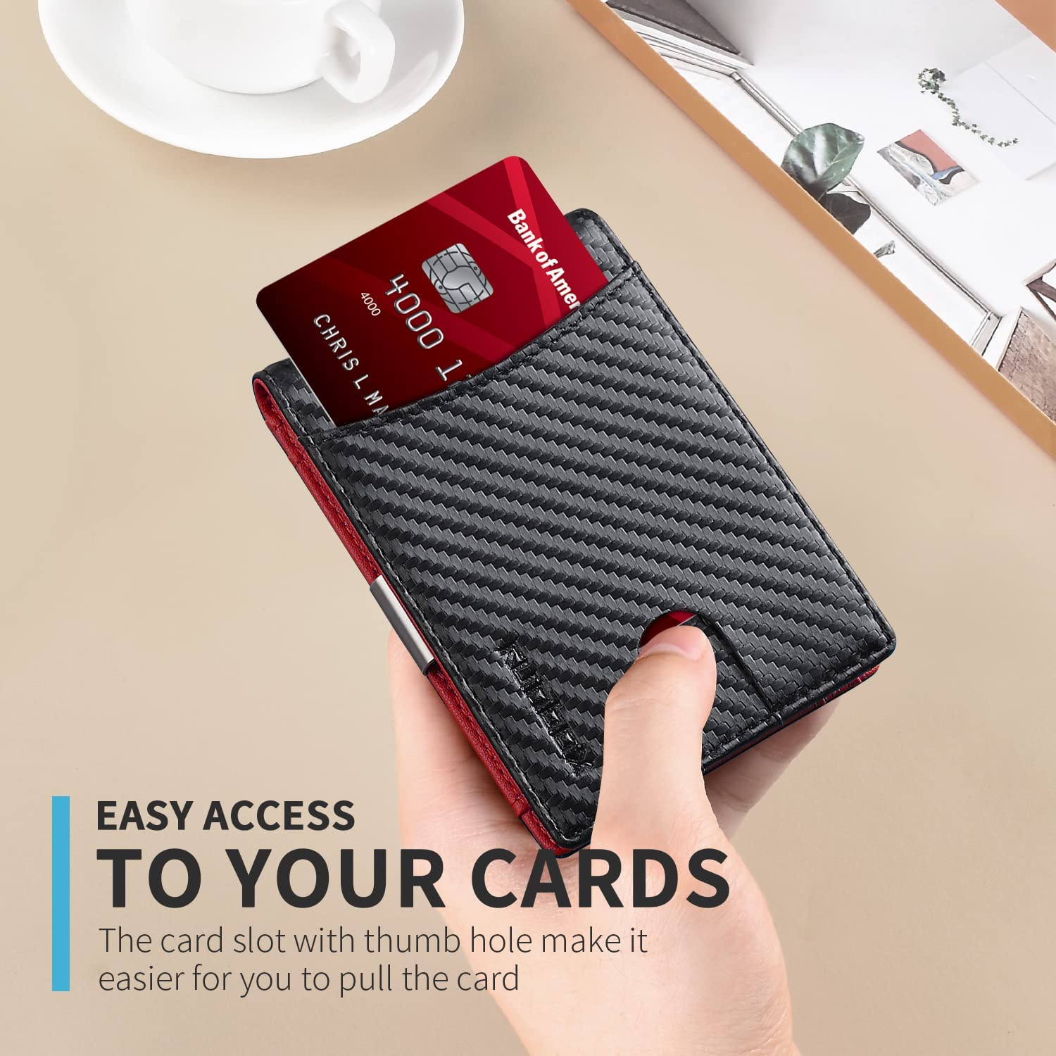 RUNBOX Red Wallet for Men Slim 11 Credit Card Holder Slots Leather Money Clip RFID Blocking Small Men's Wallet Bifold Minimalist Gift Box Carbon