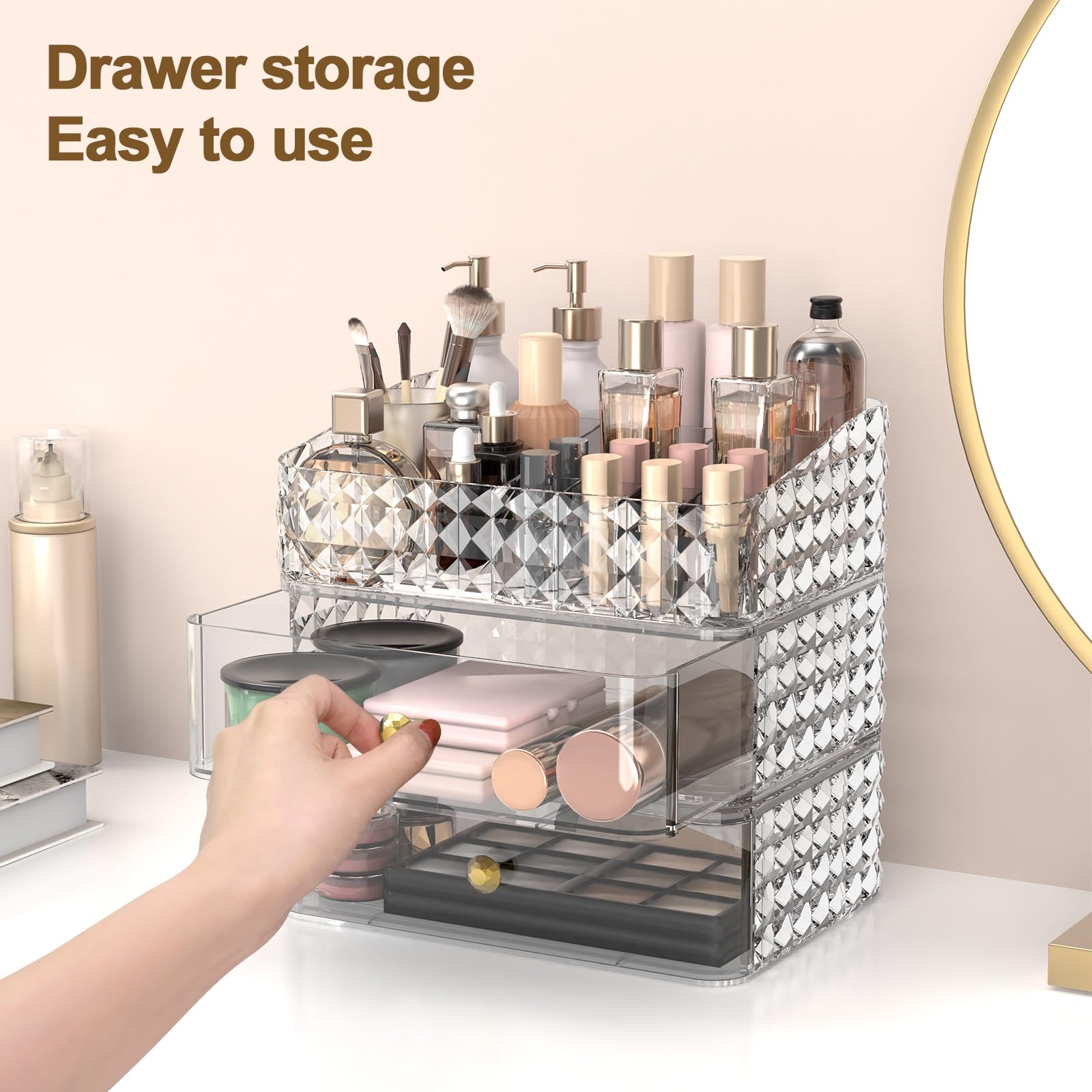 Rosoenvi Makeup Organizer for Vanity, Stackable Cosmetics Organizer and Storage, Cosmetic Display Cases with 2 Drawers and 1 Tray for Makeup Brush, Hair Accessories, Lipstick and Jewelry, Clear