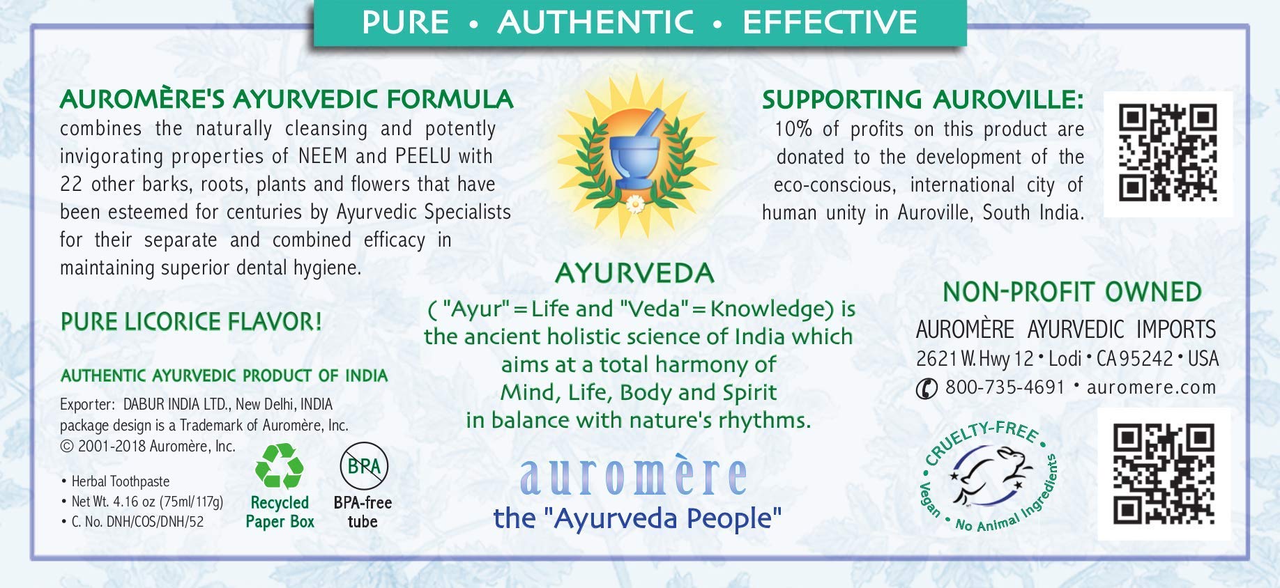 Auromere Ayurvedic Herbal Toothpaste, Mint Free - Vegan, Natural, Non GMO, Fluoride Free, Gluten Free, with Neem & Peelu (4.16 oz), 2 Pack