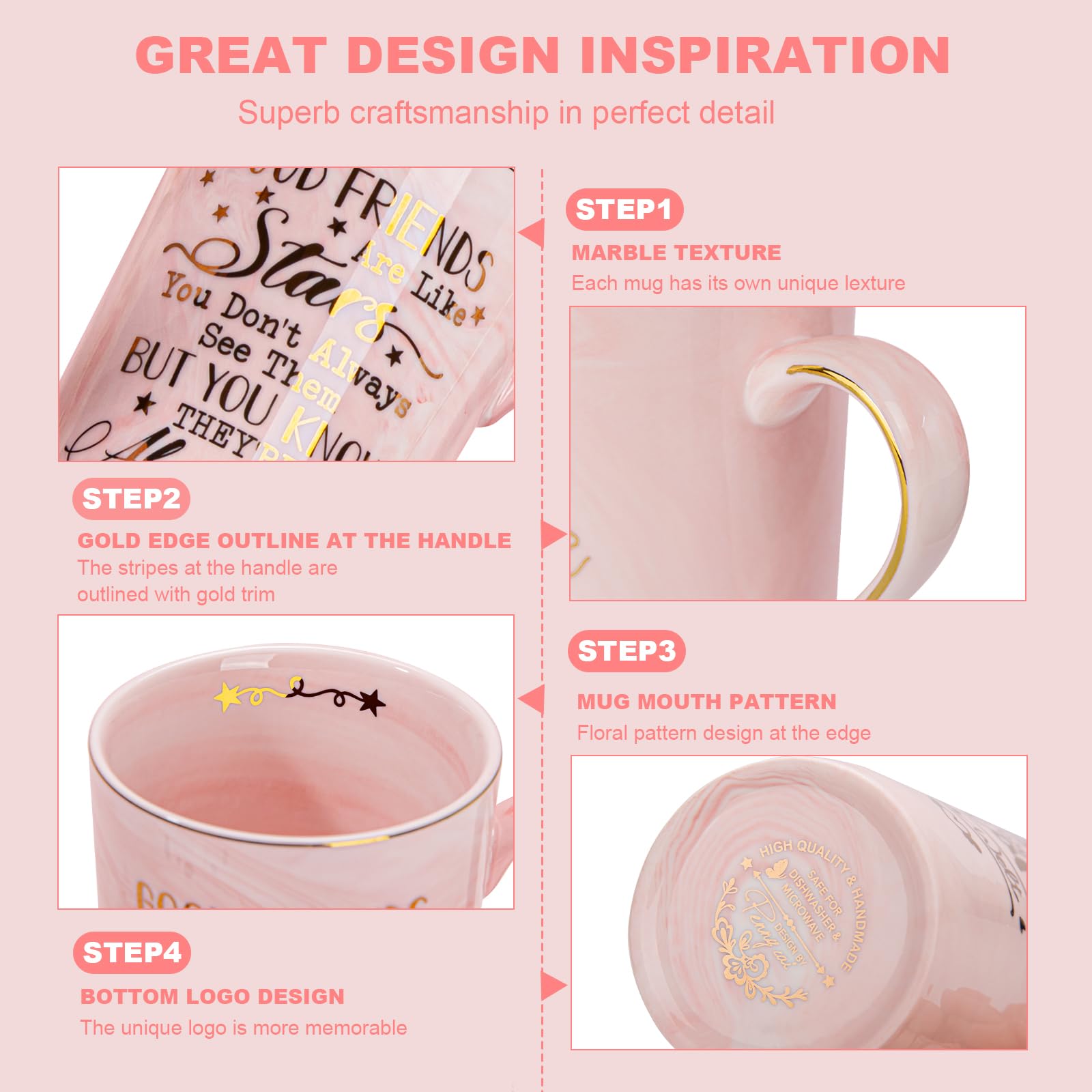 Best Friends, Friendship Gifts for Women Birthday Christmas Gifts for Women Unique Birthday Gifts Ideas for Her, Friends Female, Besties, BFF Ceramic Marble Coffee Mug Gift Box Printed Gold 14 oz Pink