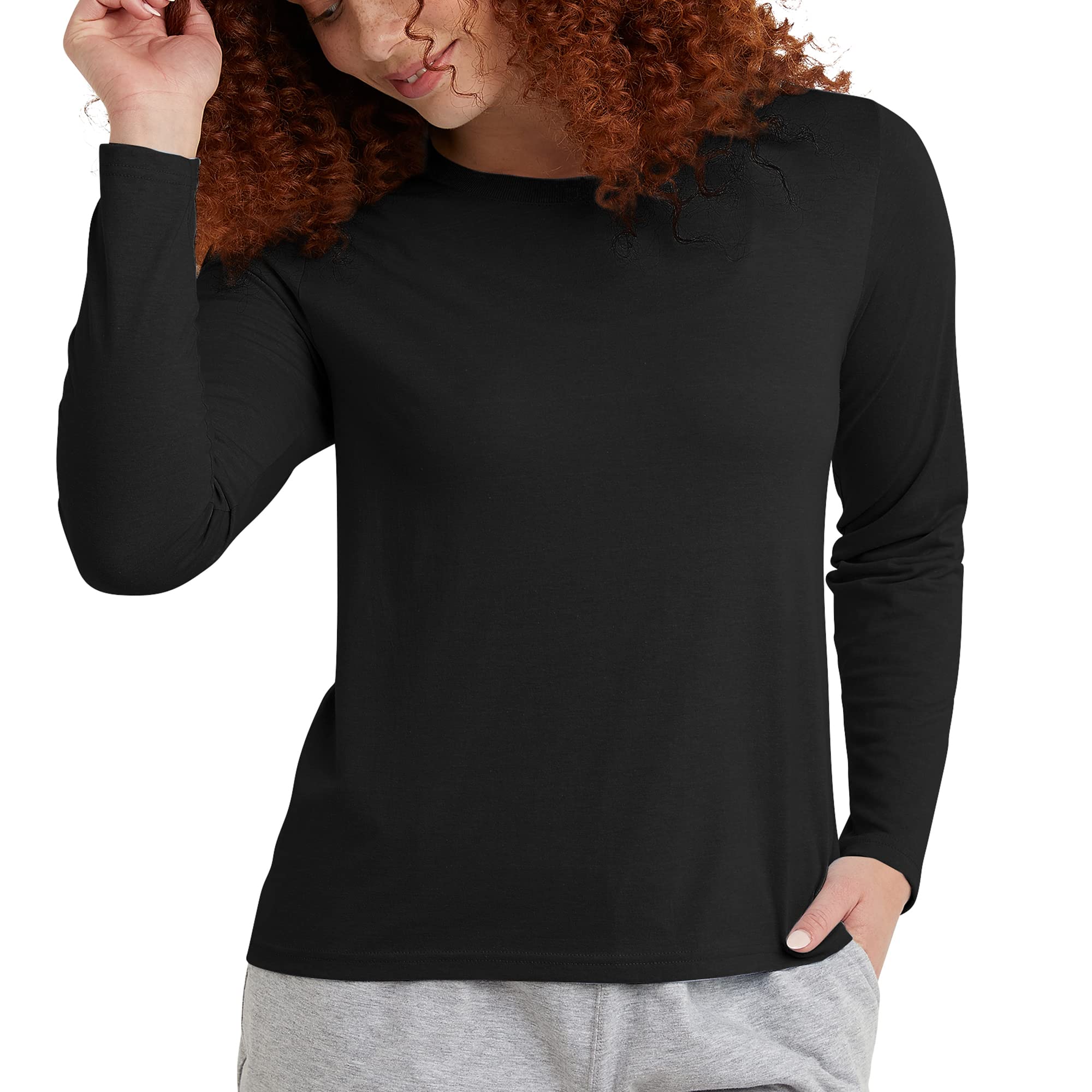 Hanes Comfortblend Women's Originals Long-Sleeve T-Shirt, Tri-Blend Lightweight Jersey Tee, Curved Hem, Available in Plus, Black