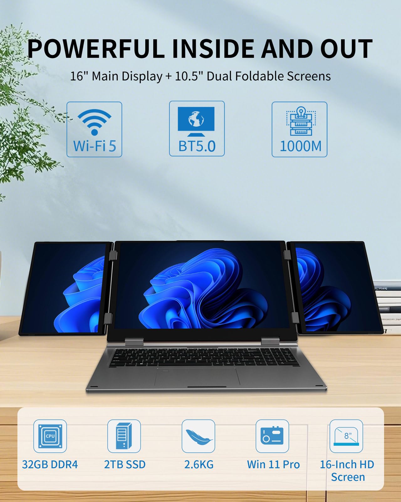 KOOFORWAY Triple Screen Laptop, 16" Main + Dual 10.5" Monitors, Core i7-12700H, 32GB RAM, 2TB SSD, Win 11 Pro, Wi-Fi 5, BT 5.0, Face & Fingerprint Unlock, USB-C, HDMI