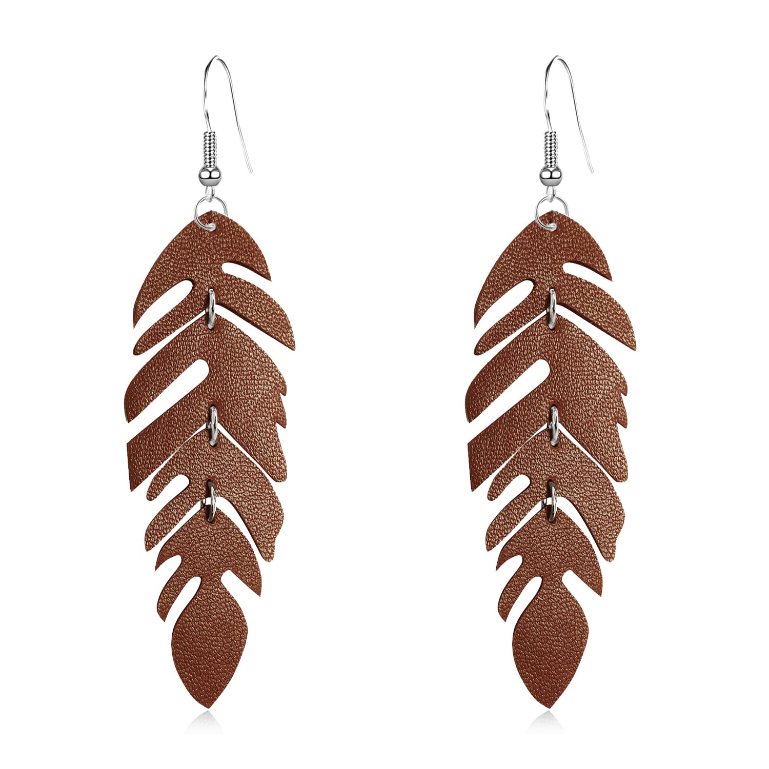 WUWEIJIAJIA Handmade Unique Lightweight Bohemian Genuine Leather Leaf Dangle Drop Earrings Dainty Sparkly Chain Feather Hook Earring for Women Statement (Brown)