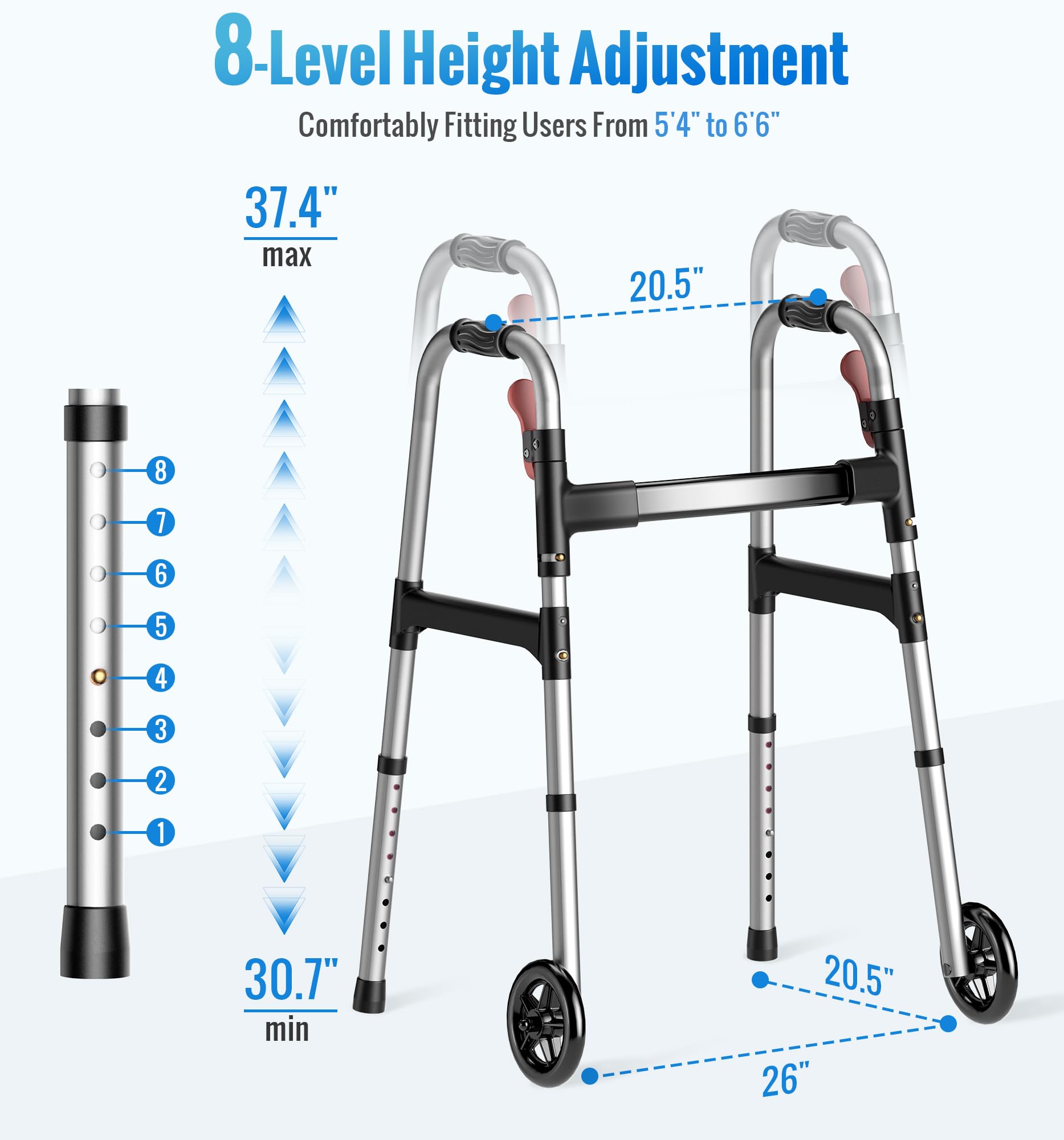 HOMLAND Walkers for Seniors, 2-Button Folding Walkers with Wheels, Lightweight Walker for Seniors Weighing Up to 350 Pounds, Height Adjustable Standard Walker & Ski Glides, Aluminum Frame, Silver