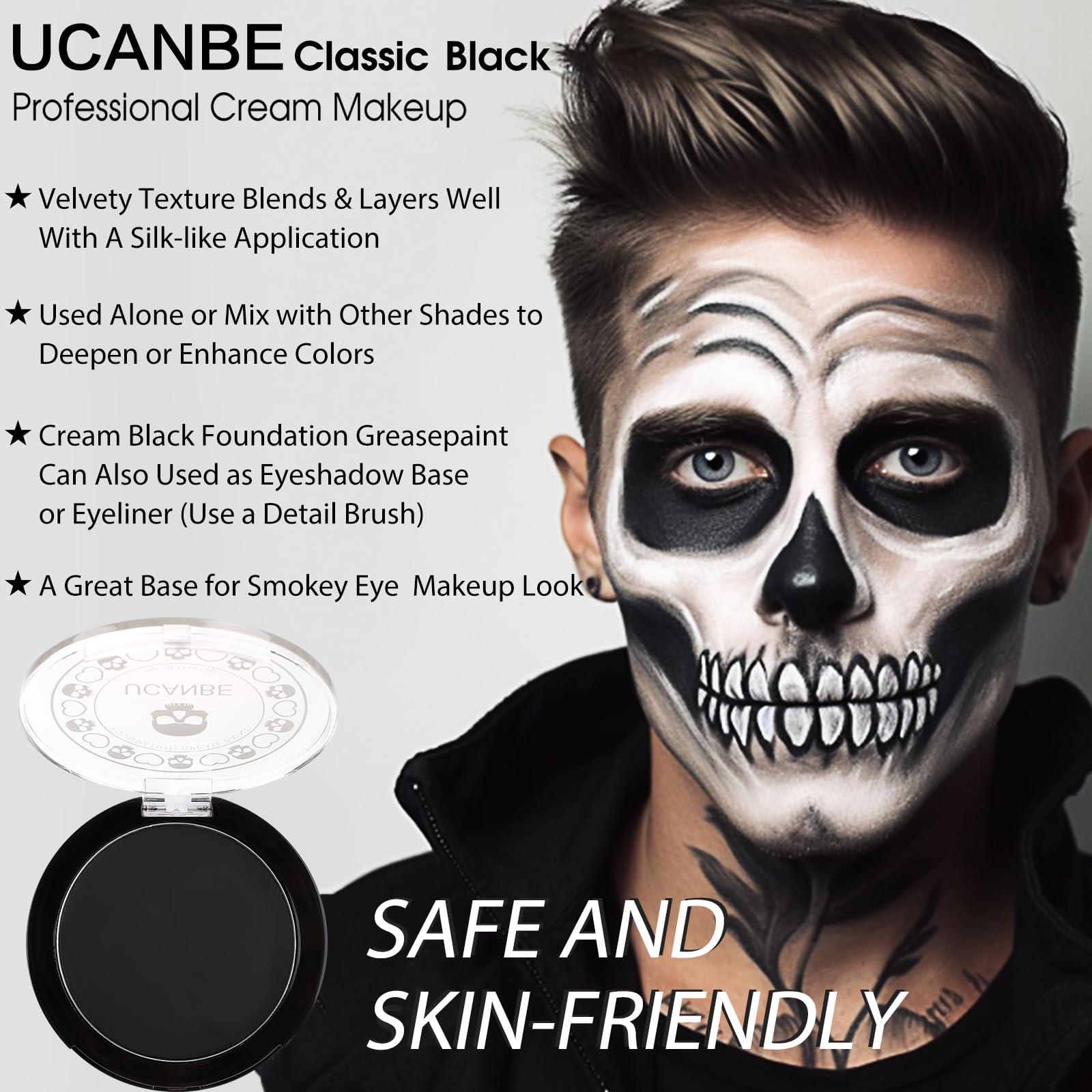 UCANBE Black Cream Face & Body Makeup Foundation, Professional Non-Toxic Greasepaint, Halloween Face Body Paint Palette for Kids & Adults, Facepaint for SFX Clown Zombie Vampire Skull Skeleton Cosplay