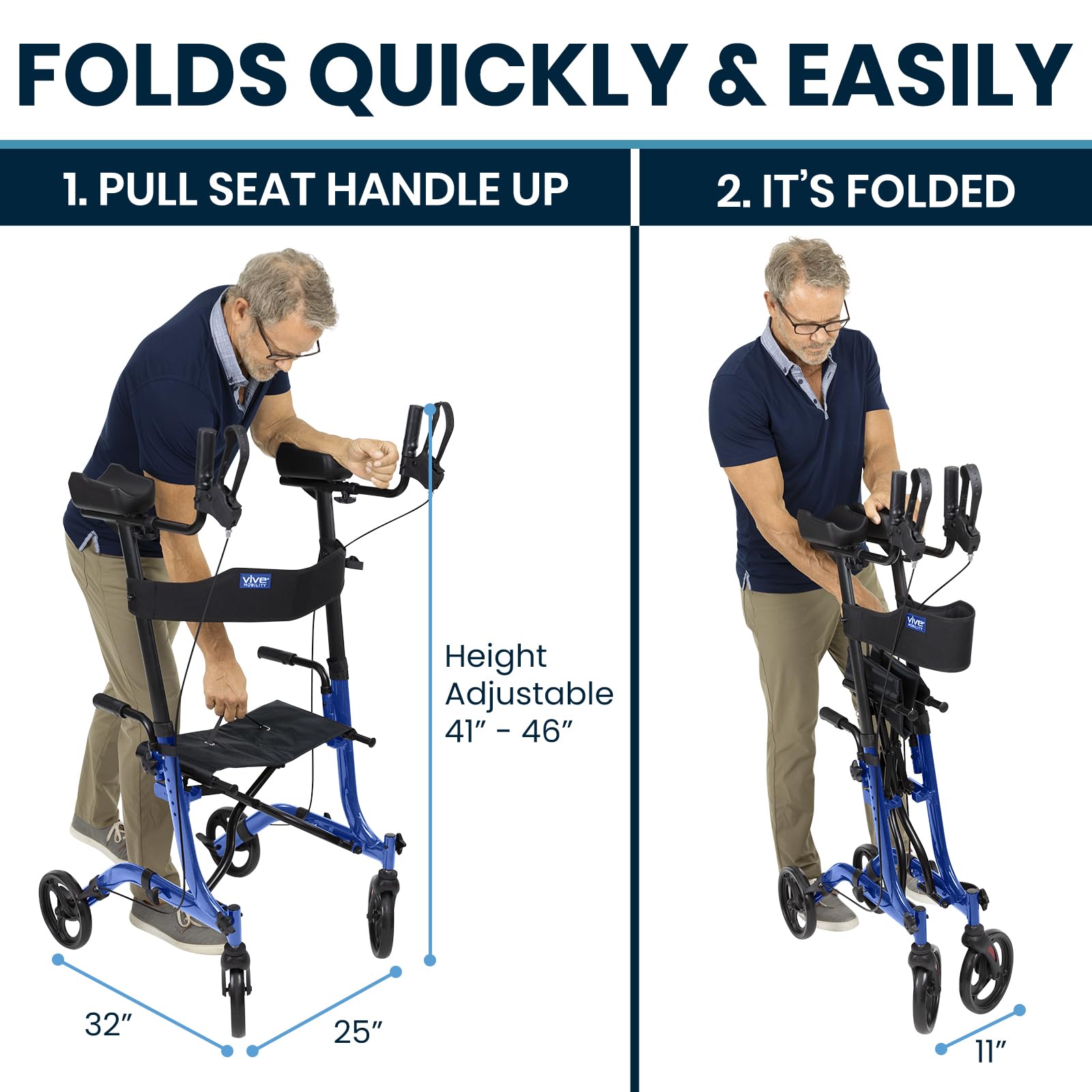 Vive Mobility Upright Walker with Seat, for Seniors, Women - Stand Up Rollator, Arm Rests, Heavy Duty, Folding Medical Aid Scooter for Elderly, Seniors - Walking Foldable Assist (Blue, Black Bag)
