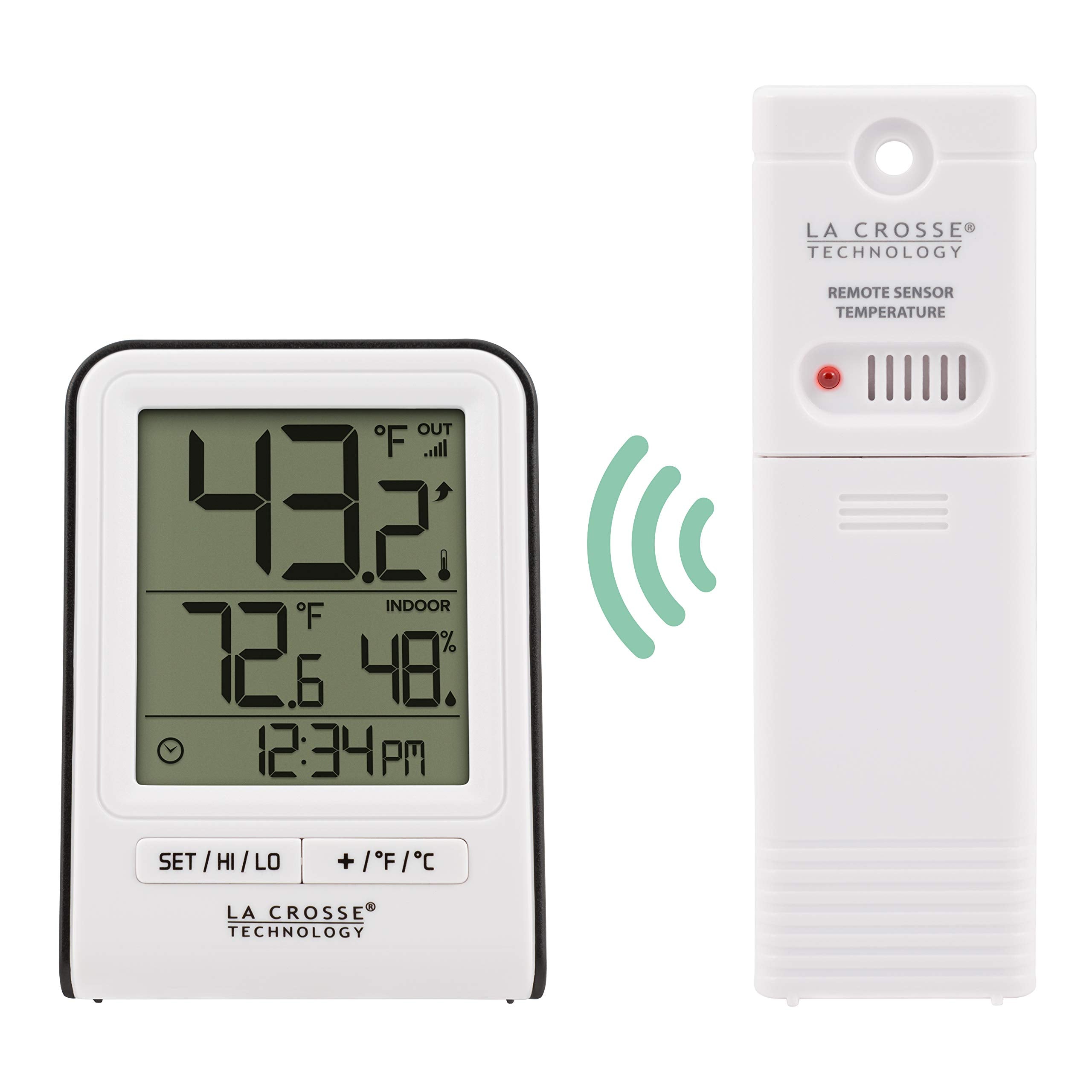 La Crosse Technology Wireless Indoor/Outdoor Temperature Monitor with Hi/Low Records, Humidity, 12/24 Hour Time - 330 Foot Transmission Range