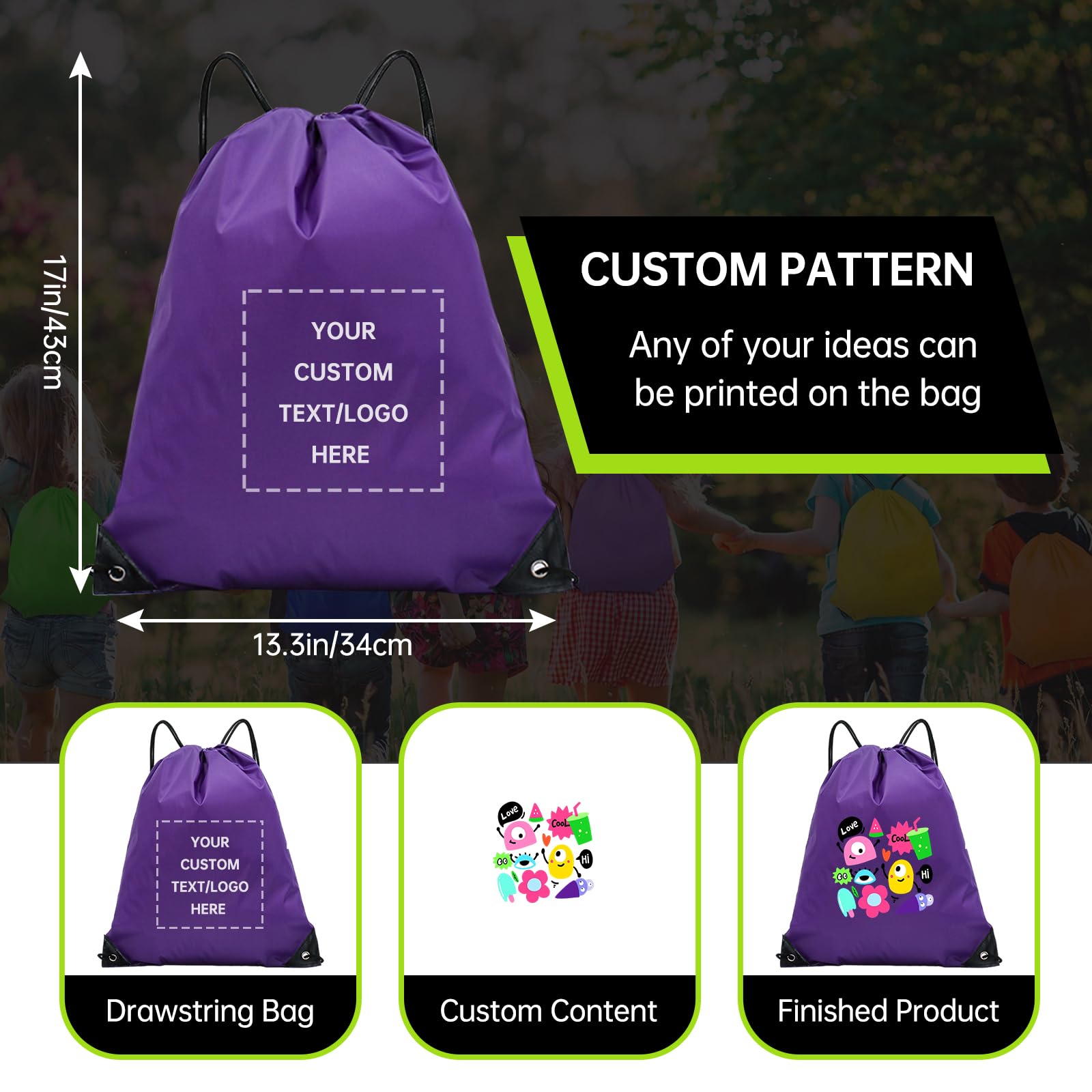 JEOHLORY pack of 100 Custom Bags With Your Logo,customized backpack,promotional items,Drawstring Backpacks,Great for Everyday Use (Custom Purple)