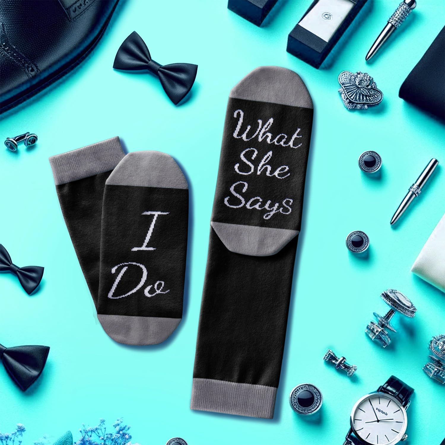 HAPPYPOP Groom Gifts from Bride I Do - Wedding Socks for Groom, Black Tuxedo Socks