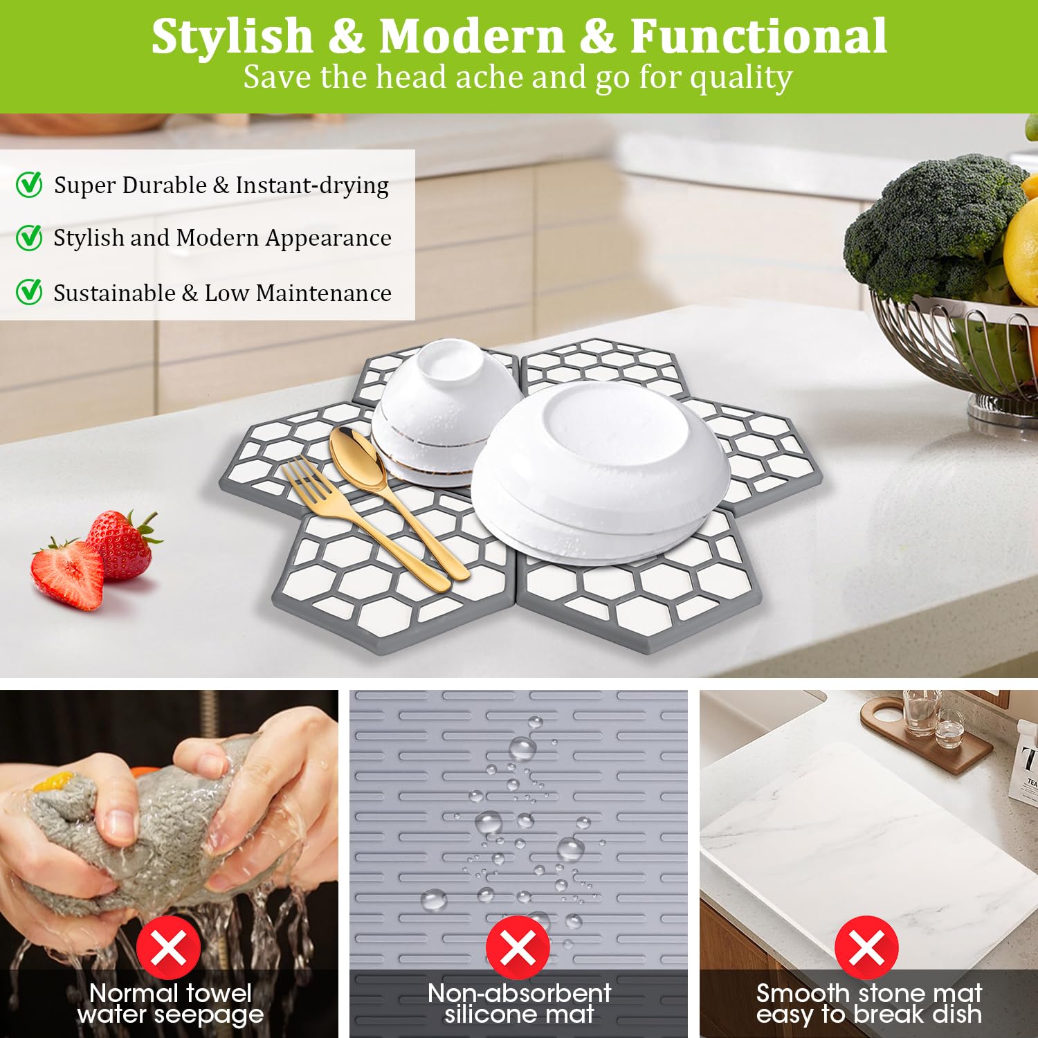 Stone Drying Mat for Kitchen Counter,Instant Dry Diatomaceous Earth Stone Rack Tableware Mat wit Antislip Silicone Pad,Heat Resistant,Fast Dry,Super Absorbent Multi-Purpose Stone Dish Drying Mat Tray