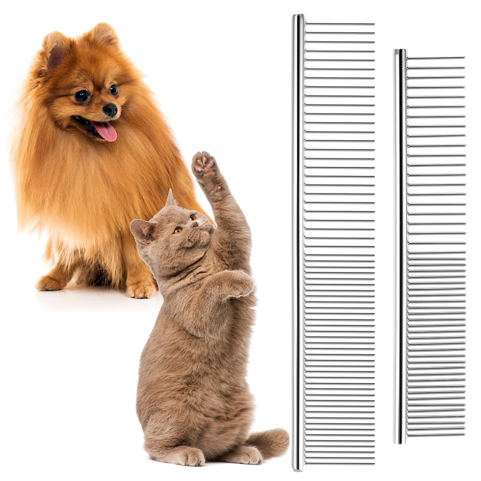 Grevosea 2 Pack Dog Combs for Grooming Matting, Metal Dog Comb Dematting Comb for Dogs Cats Stainless Steel Dog Grooming Comb Pet Comb with Rounded Teeth for Removes Tangles and Knots