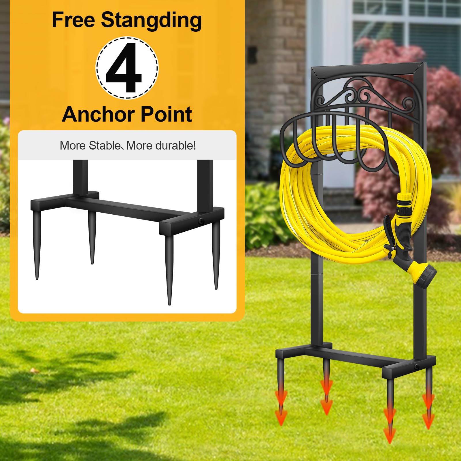 Shomextol Garden Hose Holder -Freestanding Heavy Duty Hose Hanger,Upgraded Water Hose Holder for 100-feet Hose,Sturdy Hose Stand and Hose Storage Rack for Lawn & Yard,Black(Long Beard style)