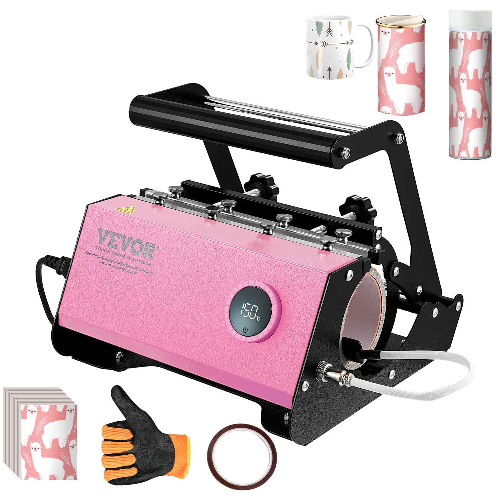 VEVOR Tumbler Heat Press Machine, Tumbler Press for 30OZ 20OZ Sublimation Straight Skinny Tumblers, with Knob Control Temp&Timer Setting for 11-16oz Mugs, Mug Press with Paper Heat Tape Gloves-Pink