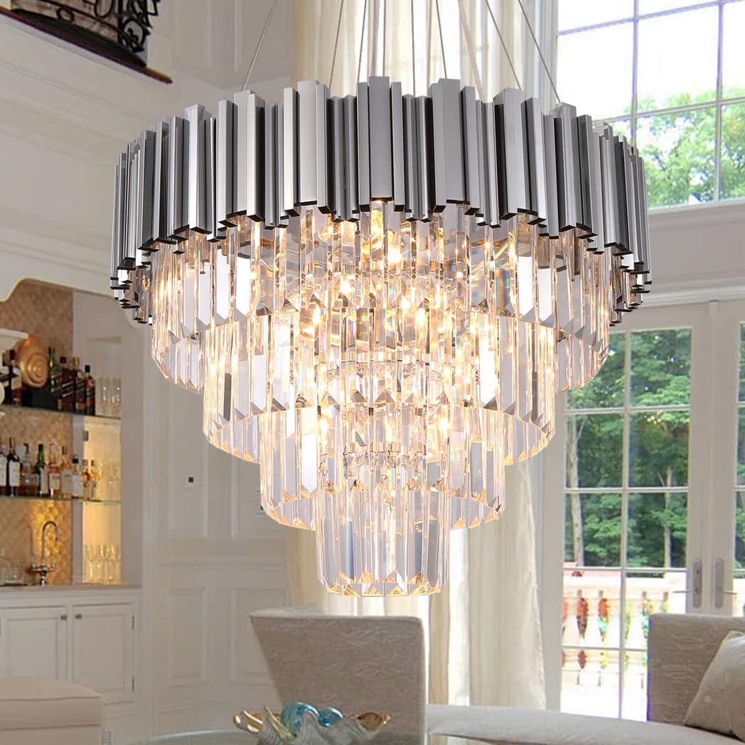 Akeelighting Chrome Crystal Chandelier Modern Dining Room Chandelier Lighting 7 Lights Ceiling Hanging Pendant Light Fixture 4-Tier Contemporary Chandelier for Bedroom Round 21.6"