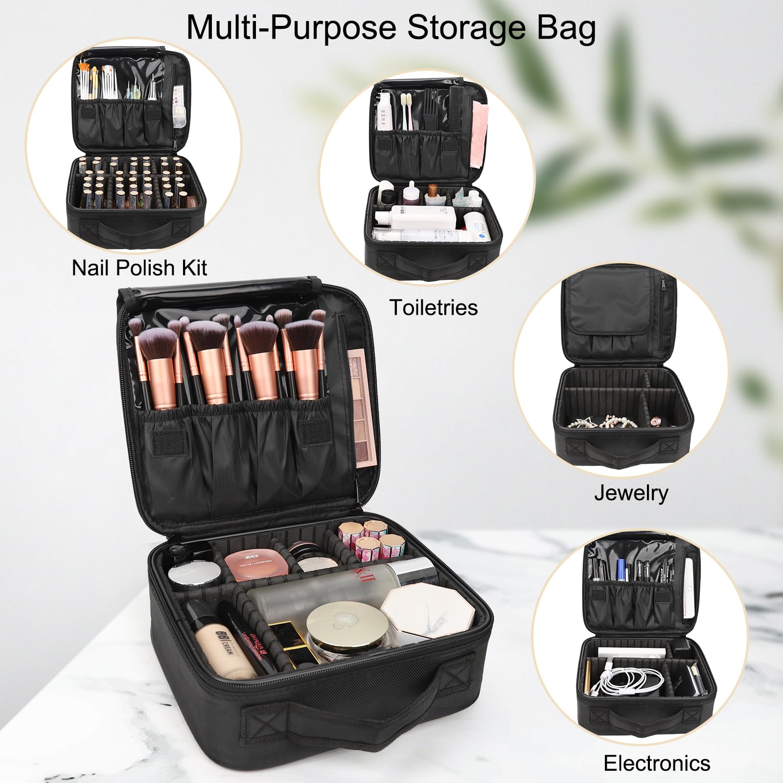 Relavel Travel Makeup Train Case Makeup Cosmetic Case Organizer Portable Artist Storage Bag with Adjustable Dividers for Cosmetics Makeup Brushes Toiletry Jewelry Digital Accessories Black